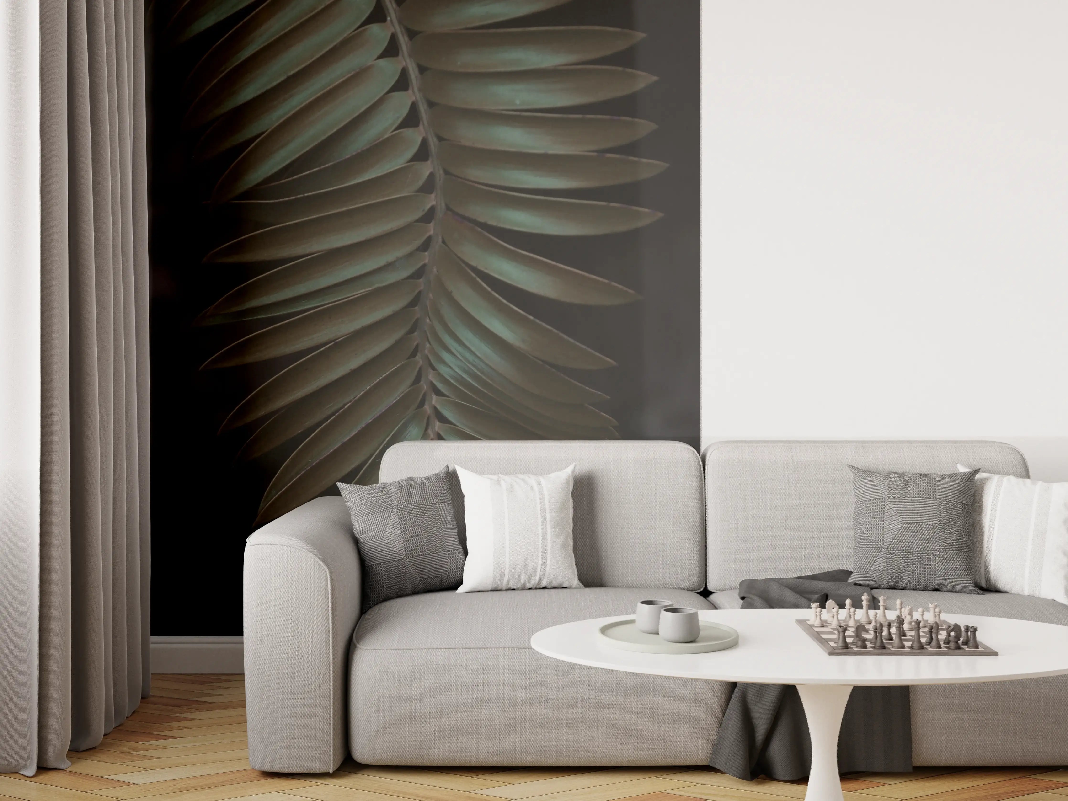 Wandverkleidung Wohnzimmer - Dunkle Palmblätter im Dämmerlicht