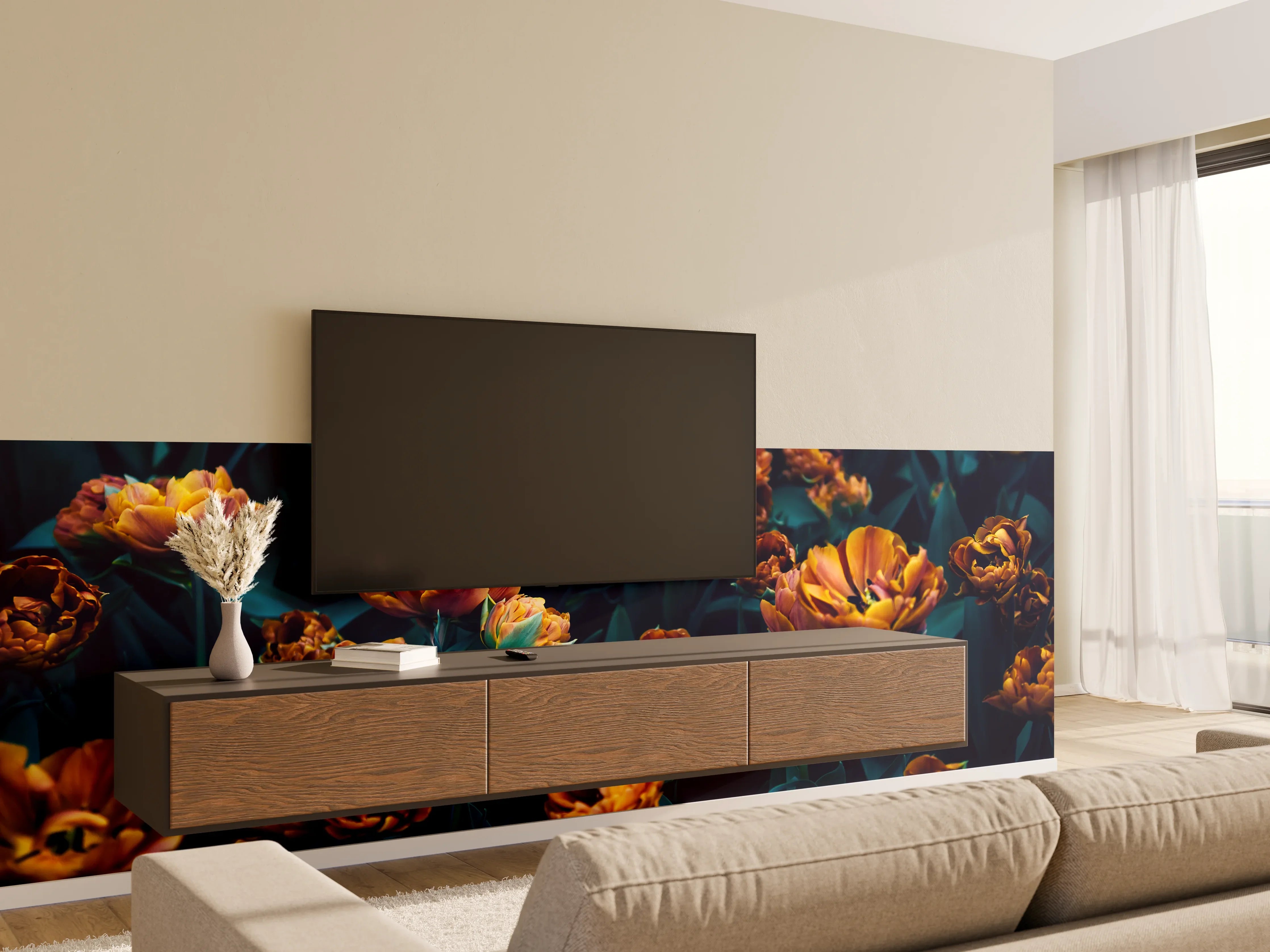 Wandverkleidung Wohnzimmer - Dunkle orangefarbene Tulpen im Garten