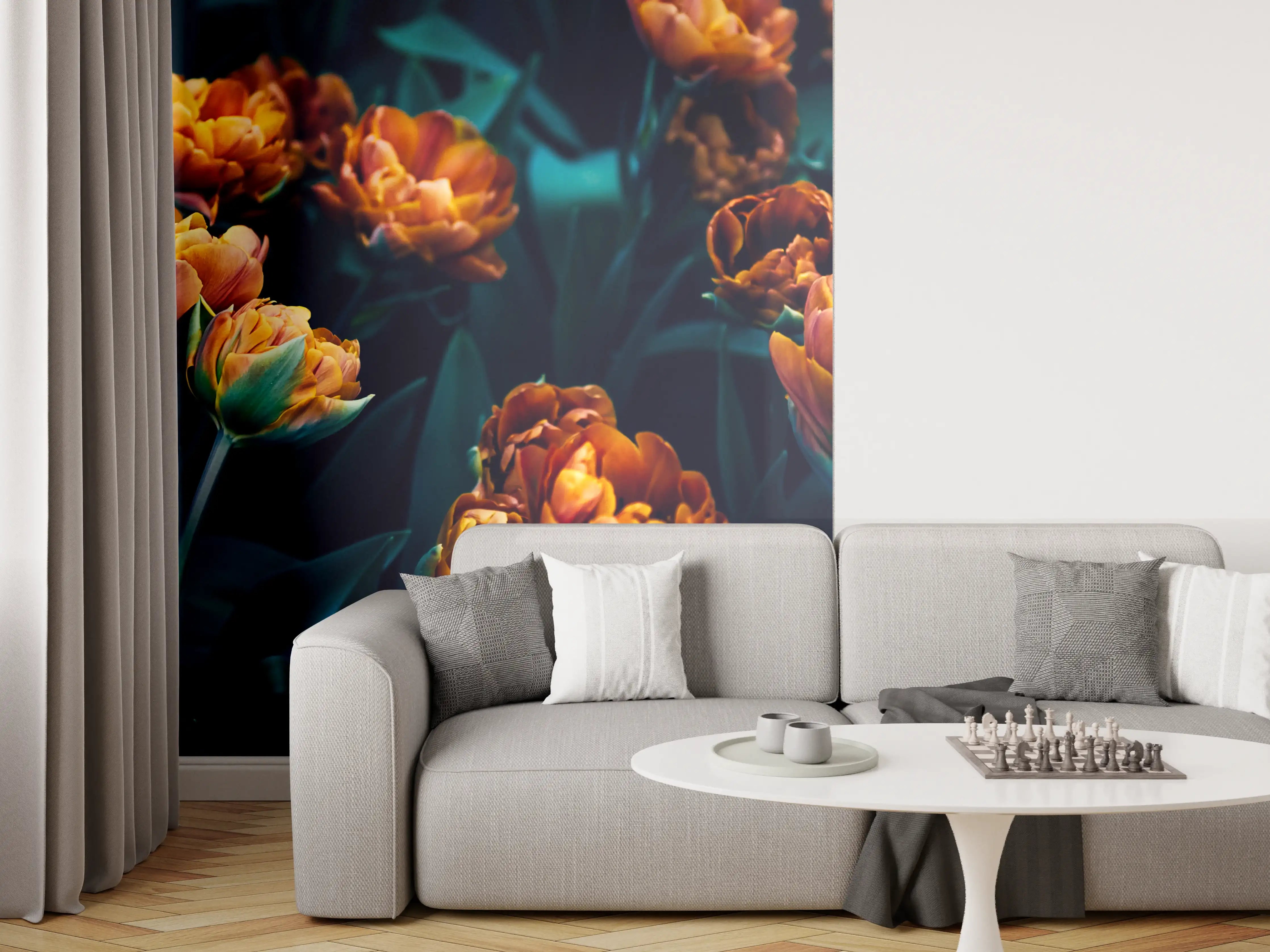 Wandverkleidung Wohnzimmer - Dunkle orangefarbene Tulpen im Garten