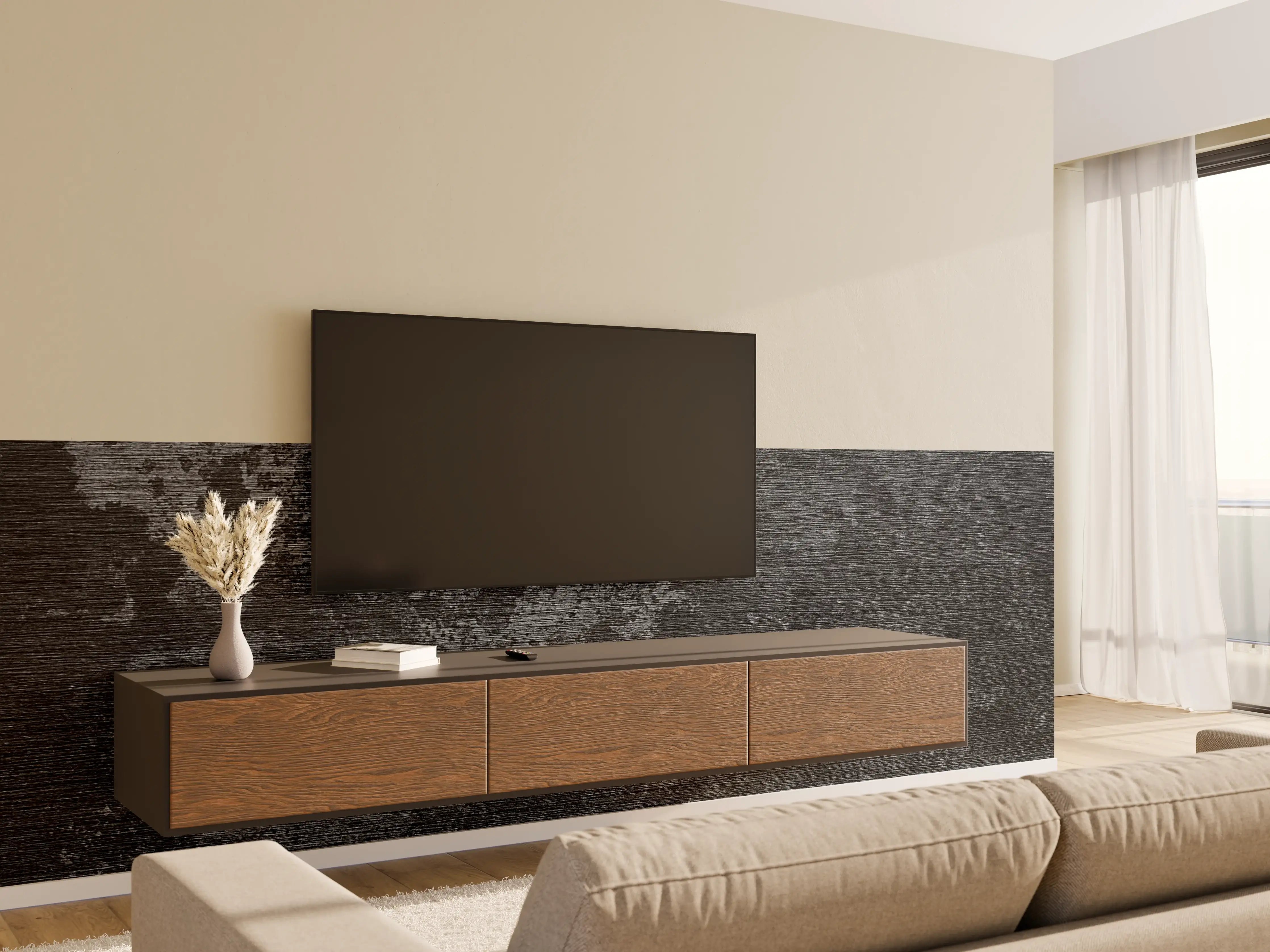 Wandverkleidung Wohnzimmer - Dunkle, strukturierte Oberfläche - modernes Design
