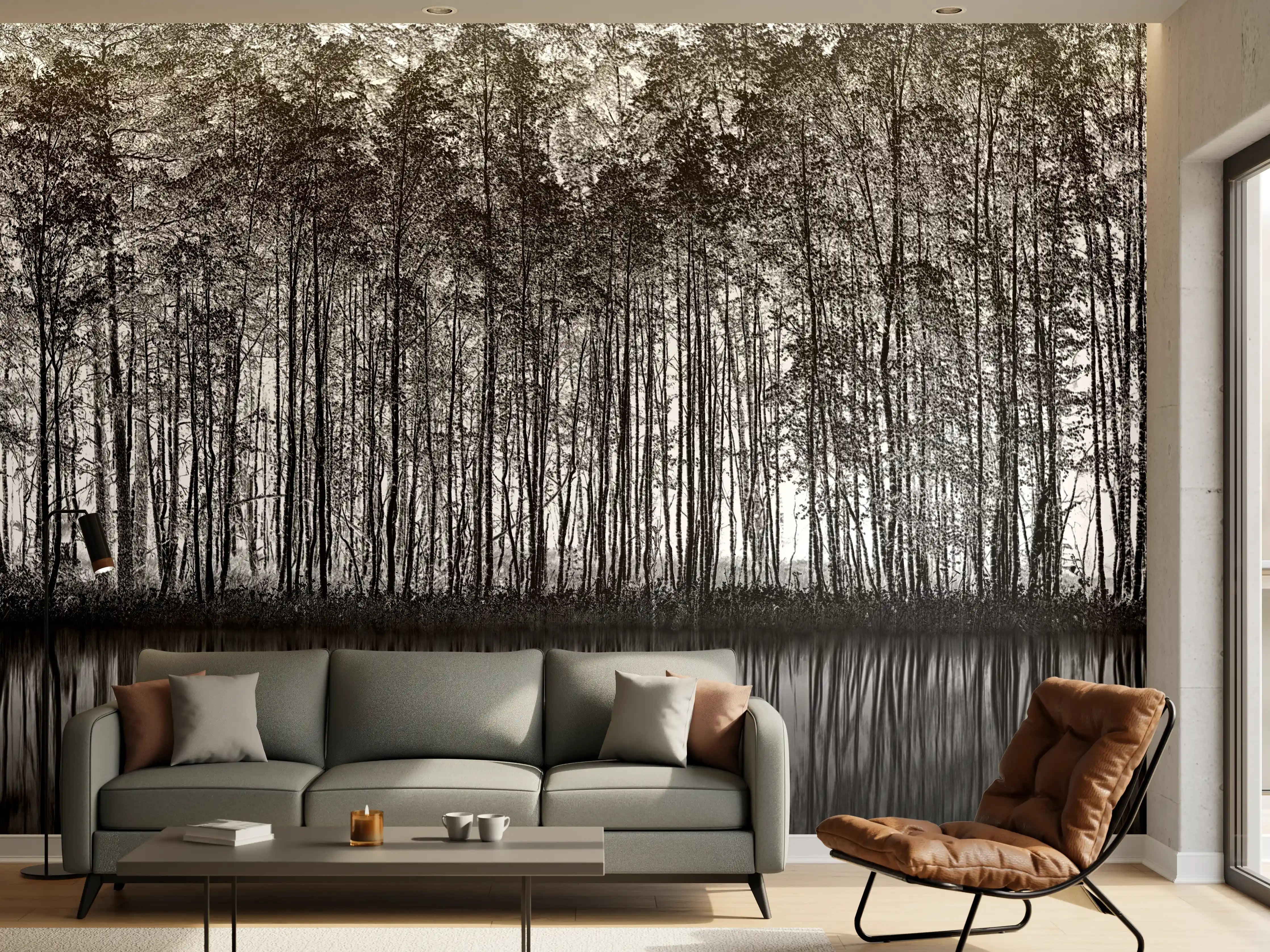 Wandverkleidung Wohnzimmer - Dunkler Wald am Wasser spiegelverkehrt