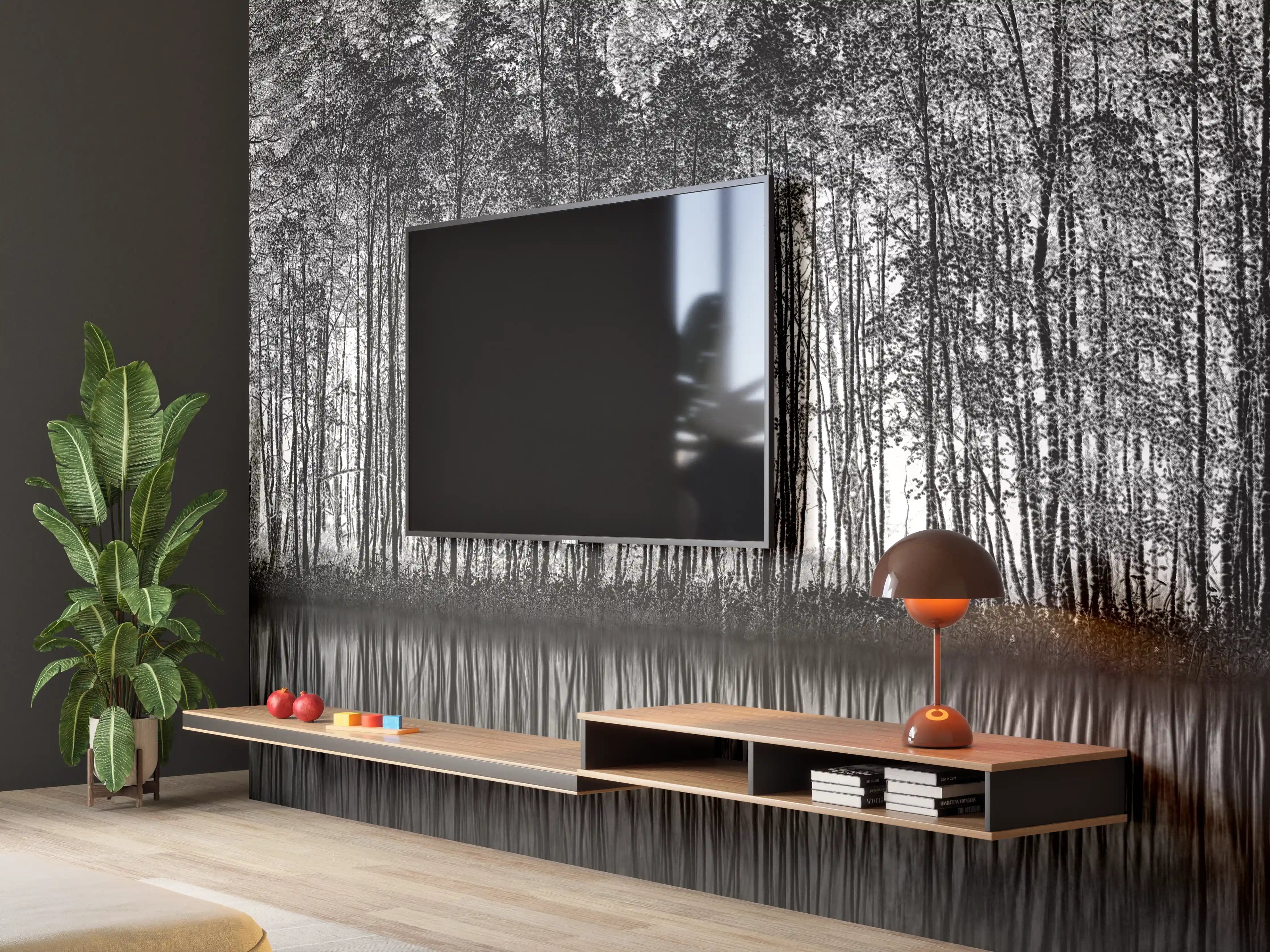 Wandverkleidung Wohnzimmer - Dunkler Wald am Wasser spiegelverkehrt
