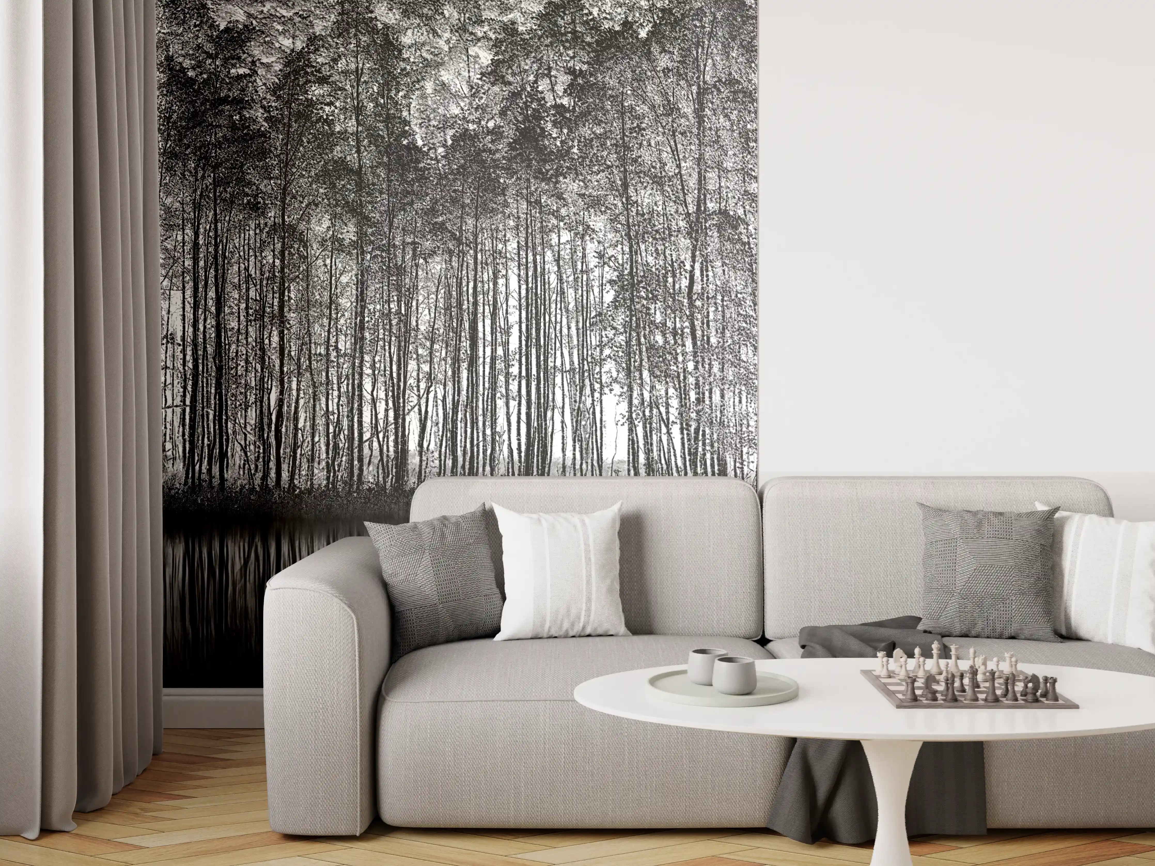 Wandverkleidung Wohnzimmer - Dunkler Wald am Wasser spiegelverkehrt
