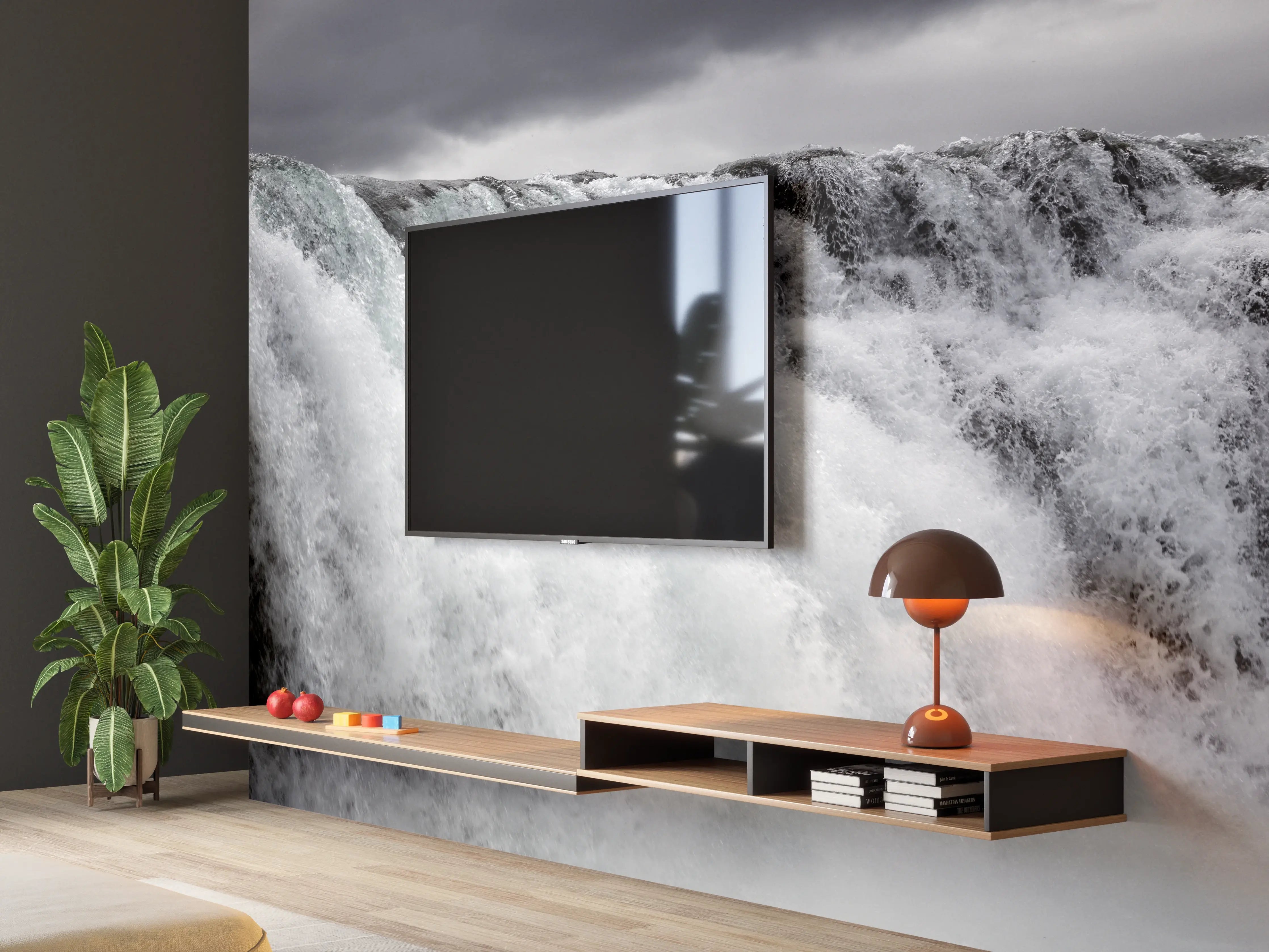 Wandverkleidung Wohnzimmer - Dunkler Wasserfall