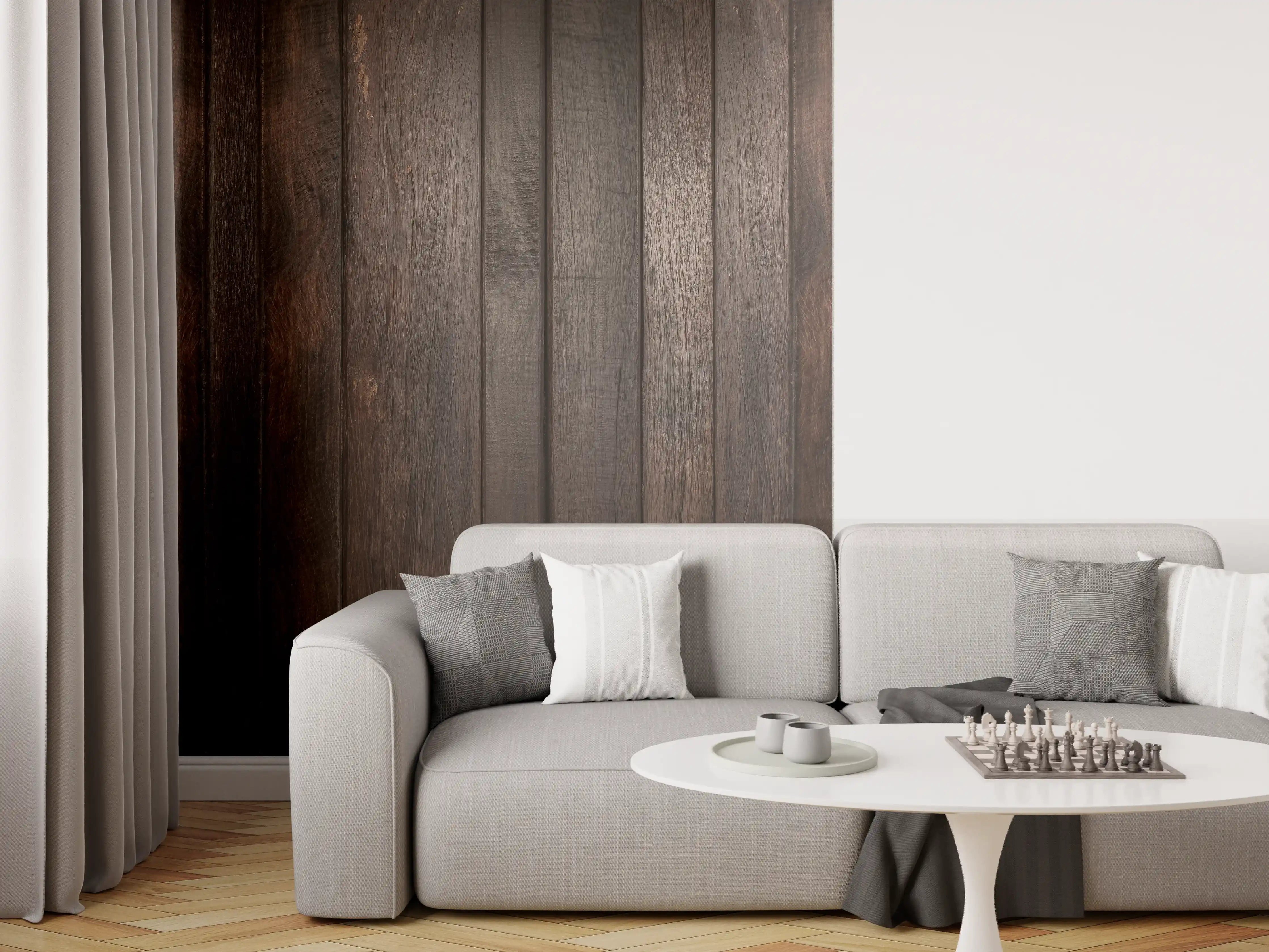 Wandverkleidung Wohnzimmer - Dunkles glasiertes Holz