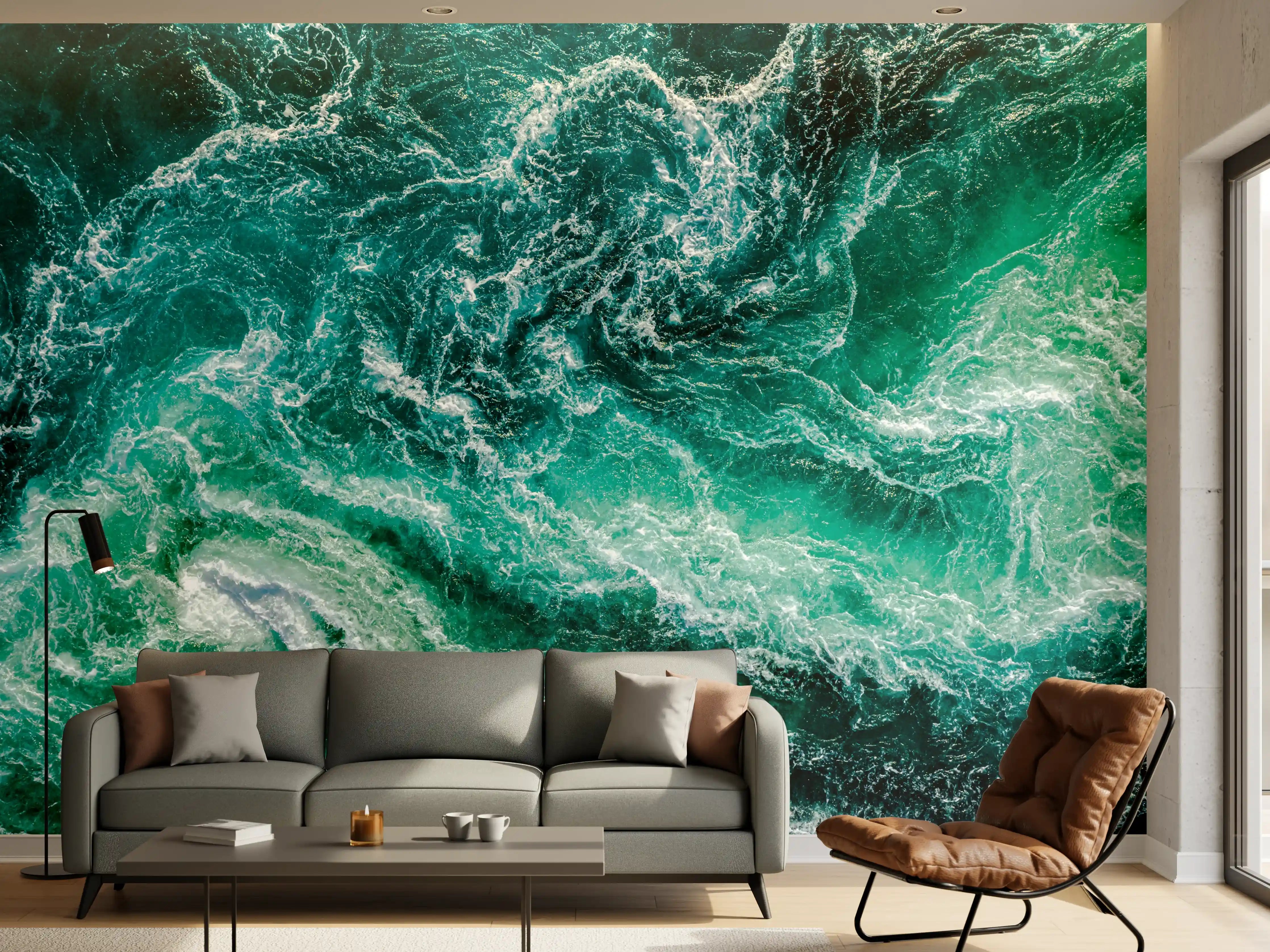 Wandverkleidung Wohnzimmer - Dynamische Wasserwellen in Blau und Grün