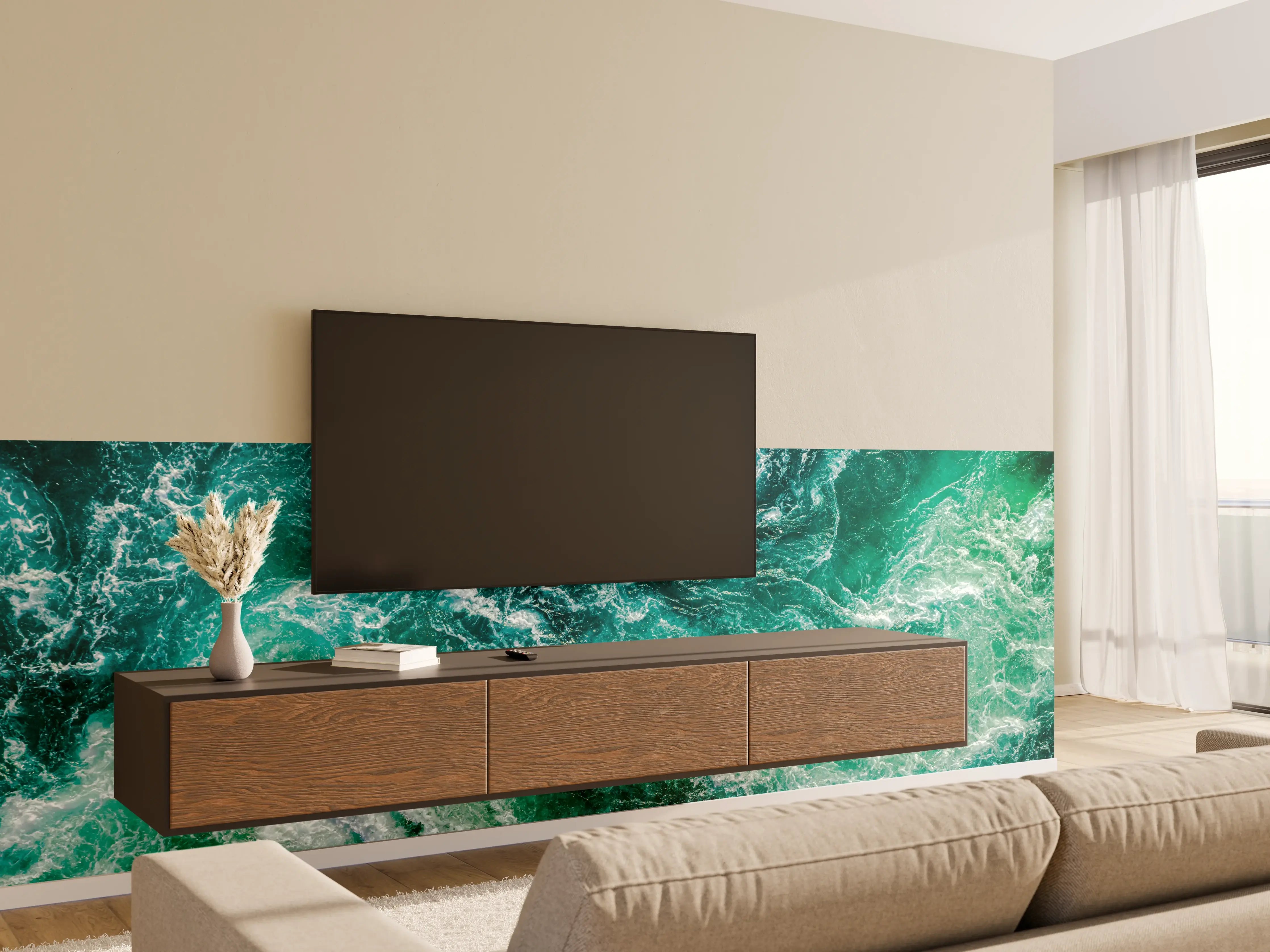 Wandverkleidung Wohnzimmer - Dynamische Wasserwellen in Blau und Grün