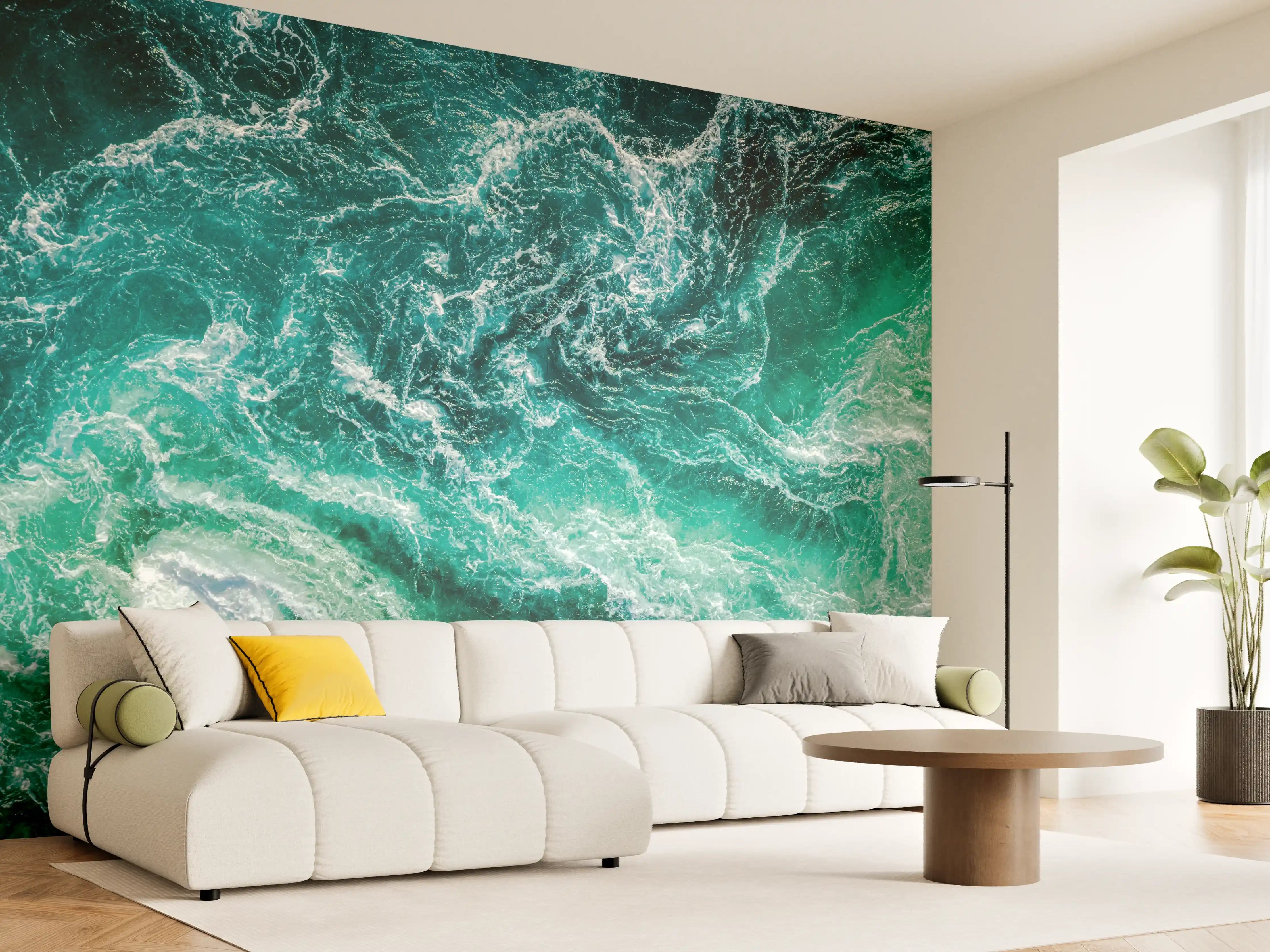 Wandverkleidung Wohnzimmer - Dynamische Wasserwellen in Blau und Grün