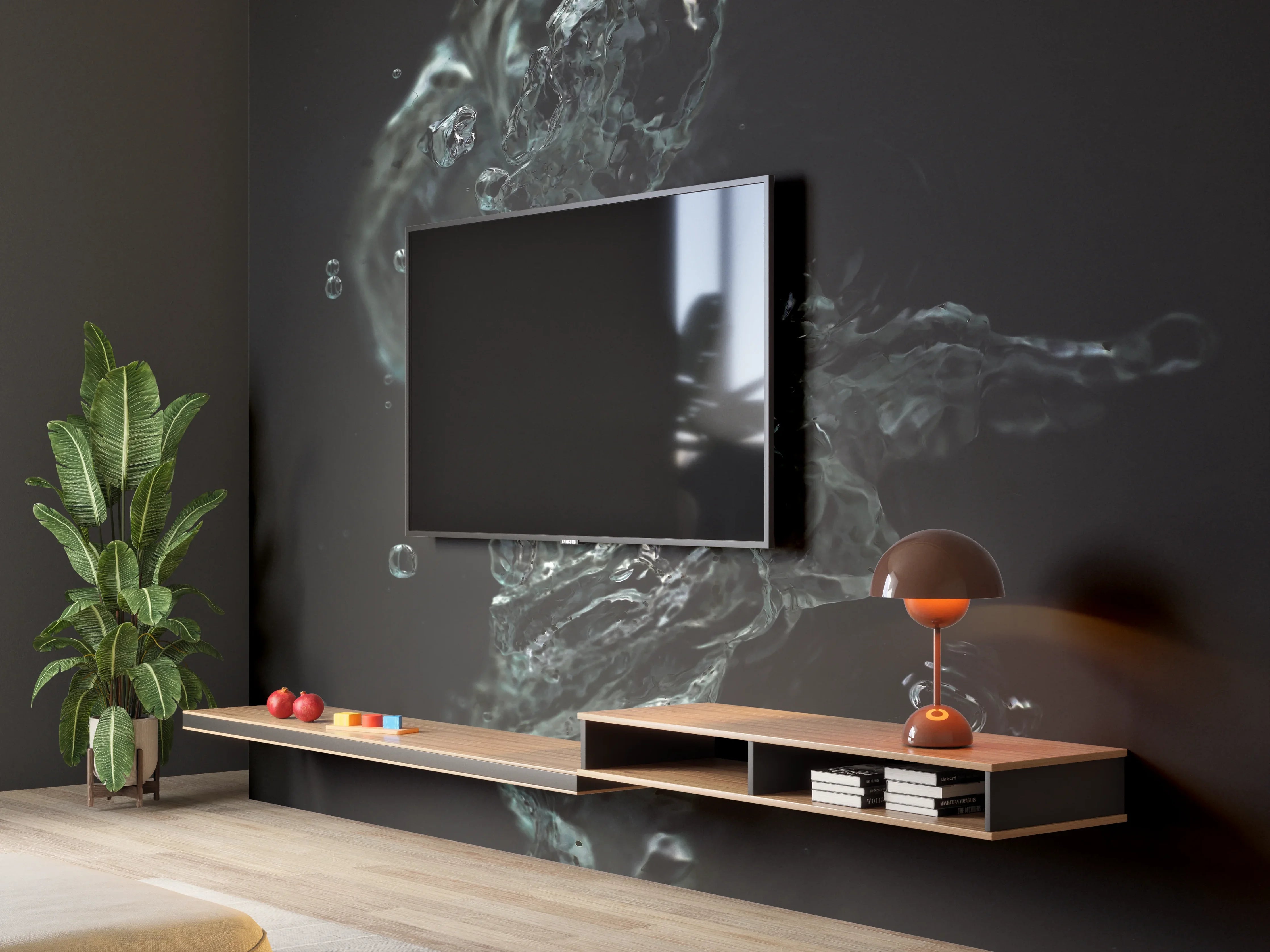 Wandverkleidung Wohnzimmer - Dynamisches Wasserbild mit dunklem Hintergrund
