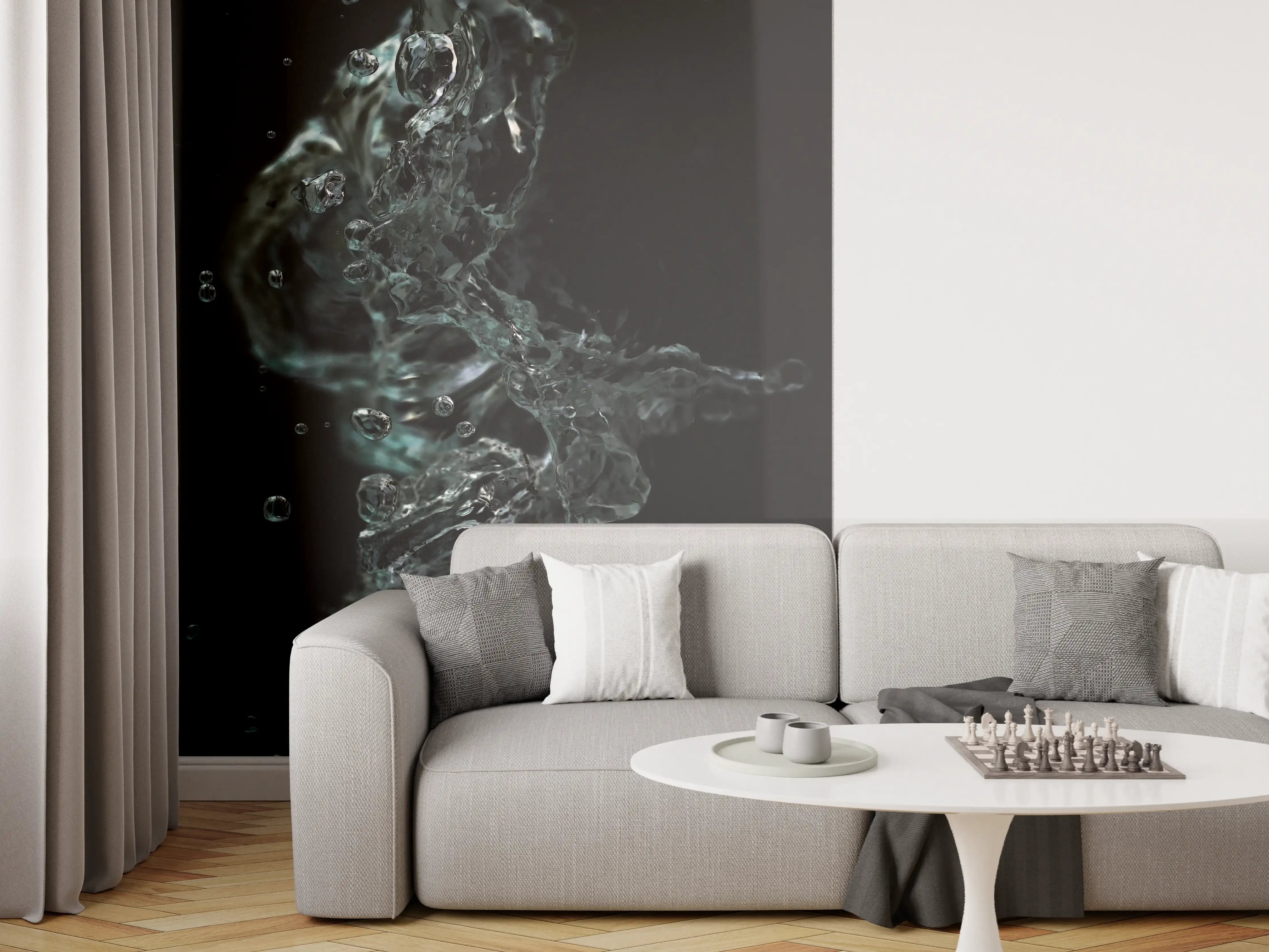 Wandverkleidung Wohnzimmer - Dynamisches Wasserbild mit dunklem Hintergrund