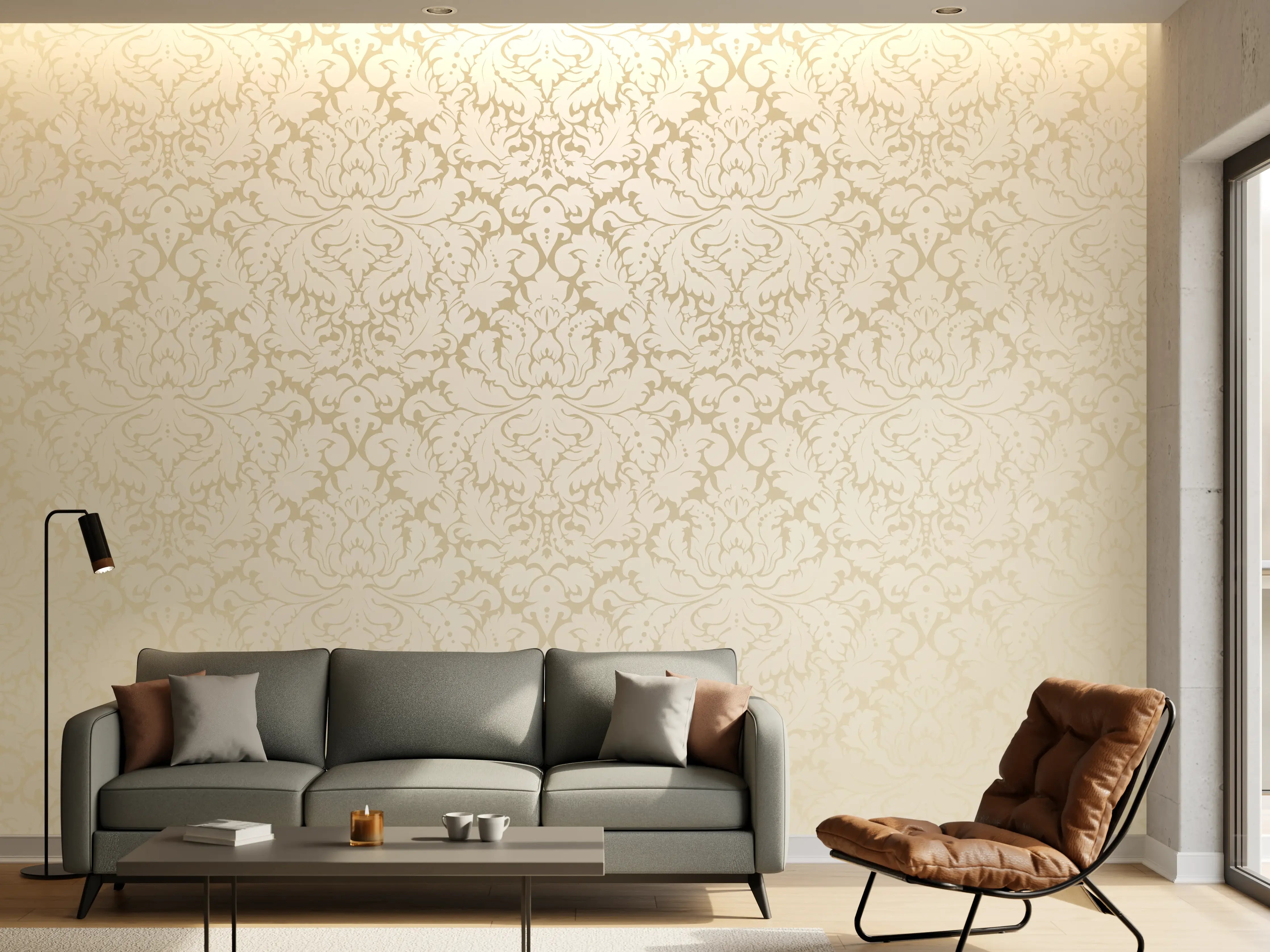 Wandverkleidung Wohnzimmer - Edle Creme-Gold Damast-Tapete
