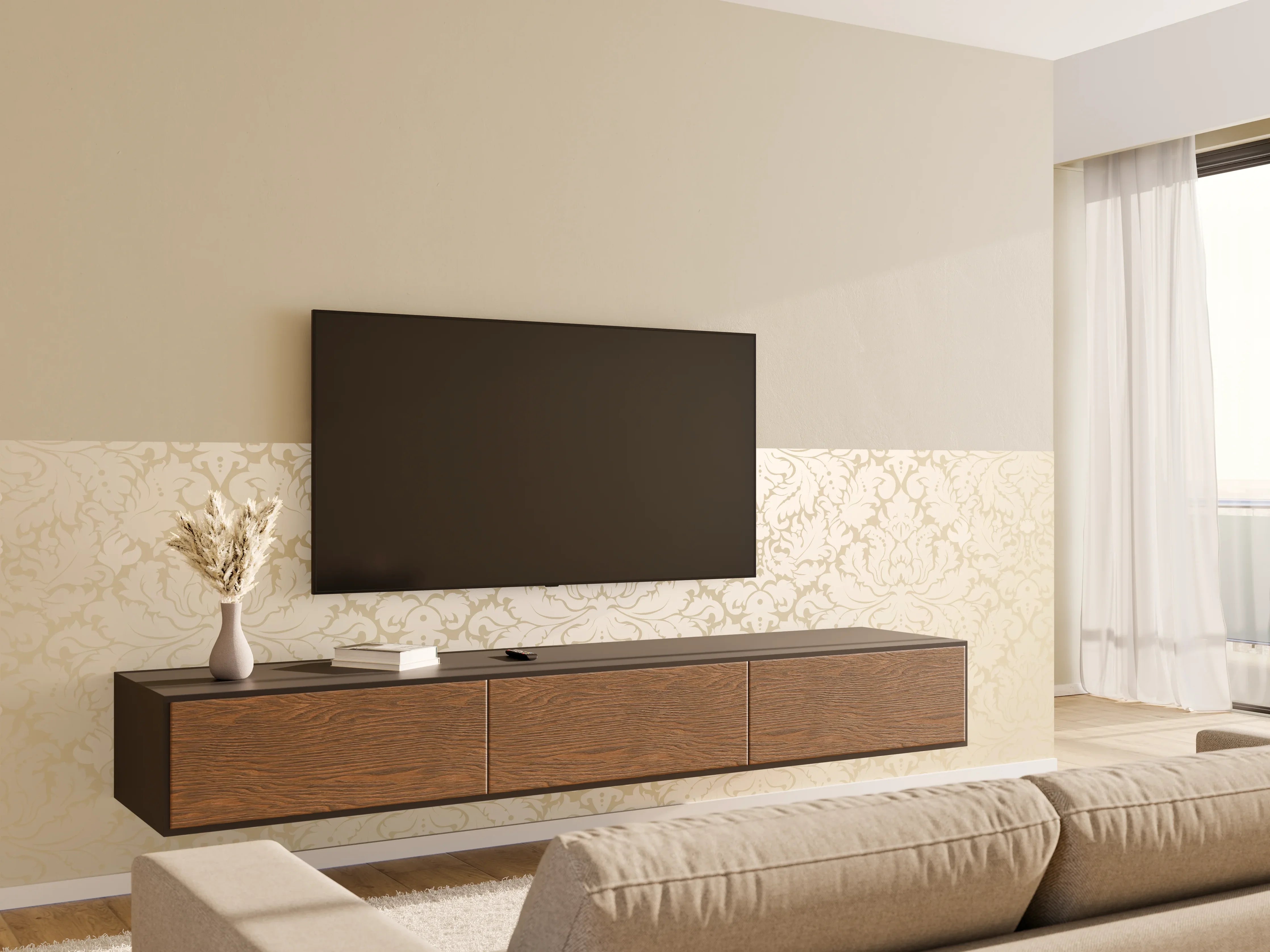 Wandverkleidung Wohnzimmer - Edle Creme-Gold Damast-Tapete