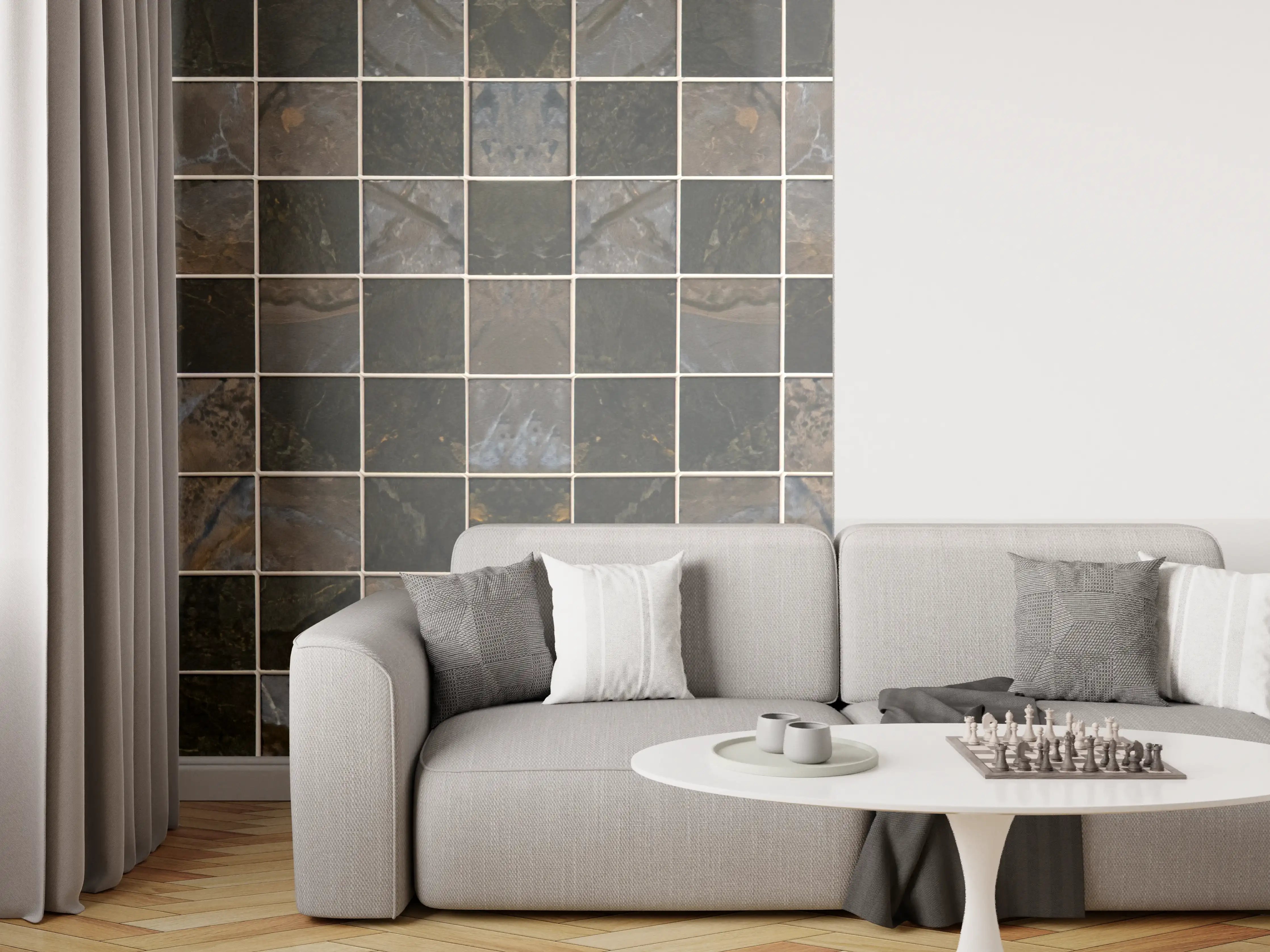 Wandverkleidung Wohnzimmer - Edle Mosaikfliese in Grau und Schwarz