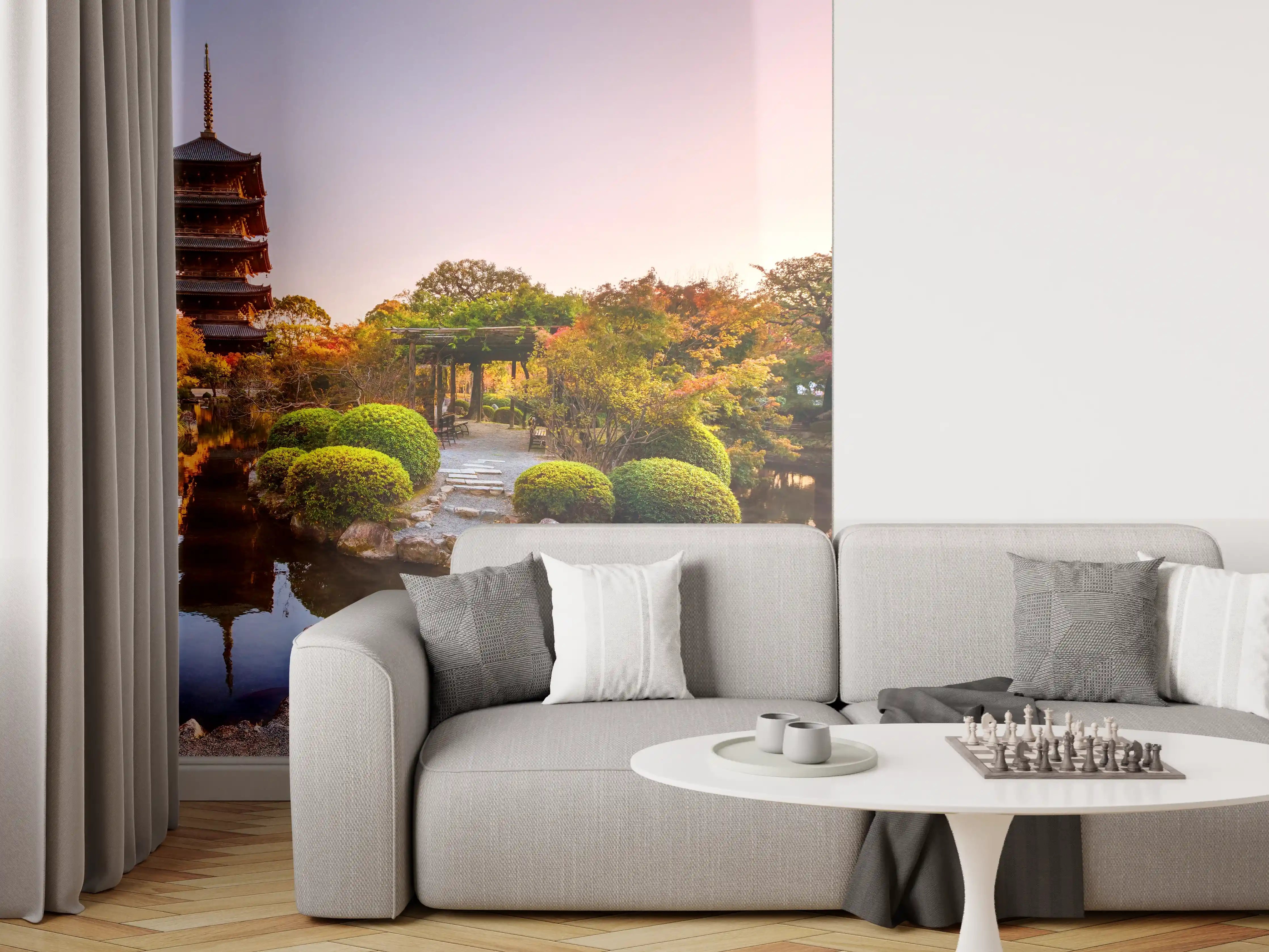 Wandverkleidung Wohnzimmer - Ein friedlicher japanischer Garten mit Pagode bei Sonnenaufgang