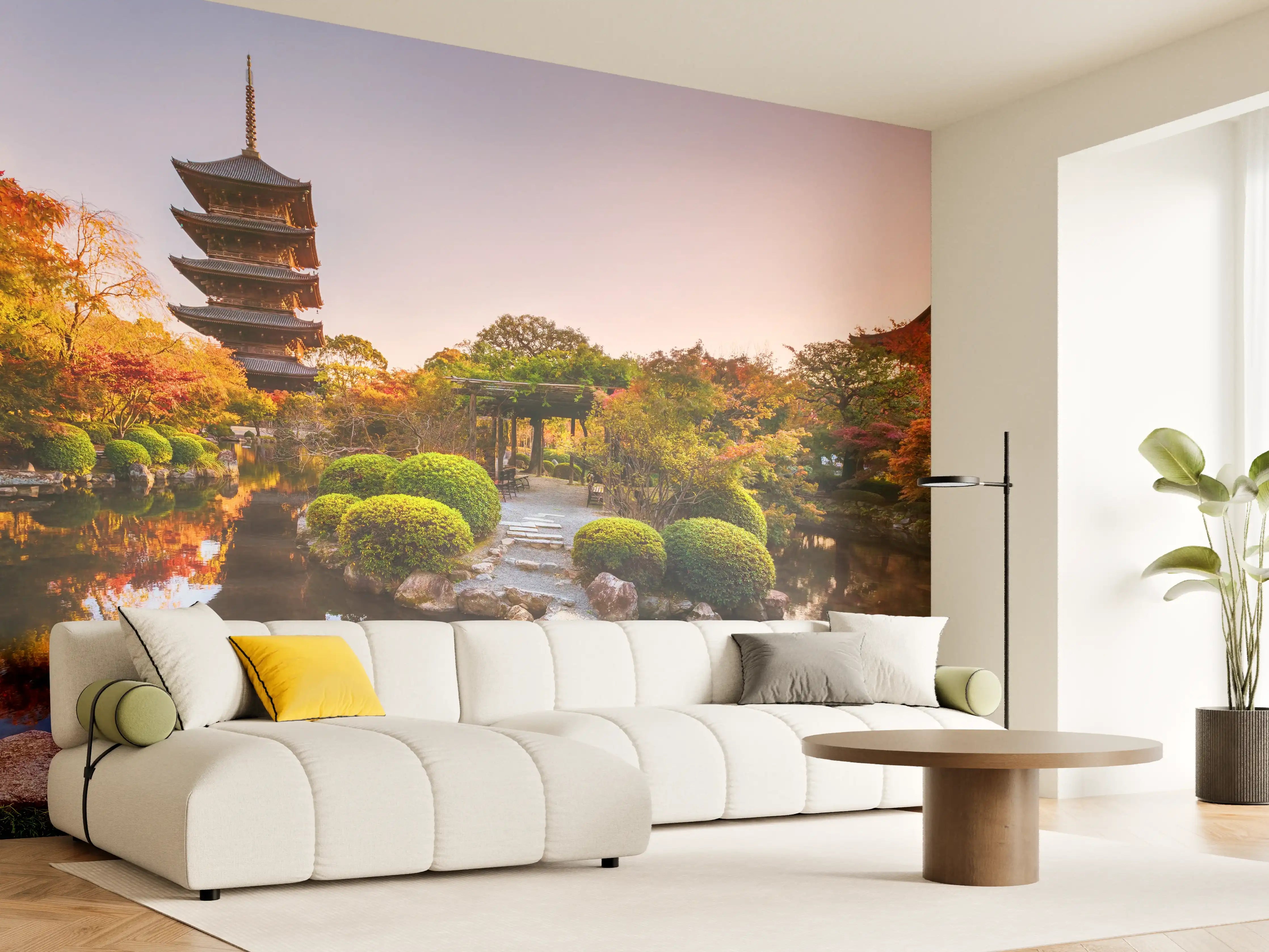 Wandverkleidung Wohnzimmer - Ein friedlicher japanischer Garten mit Pagode bei Sonnenaufgang