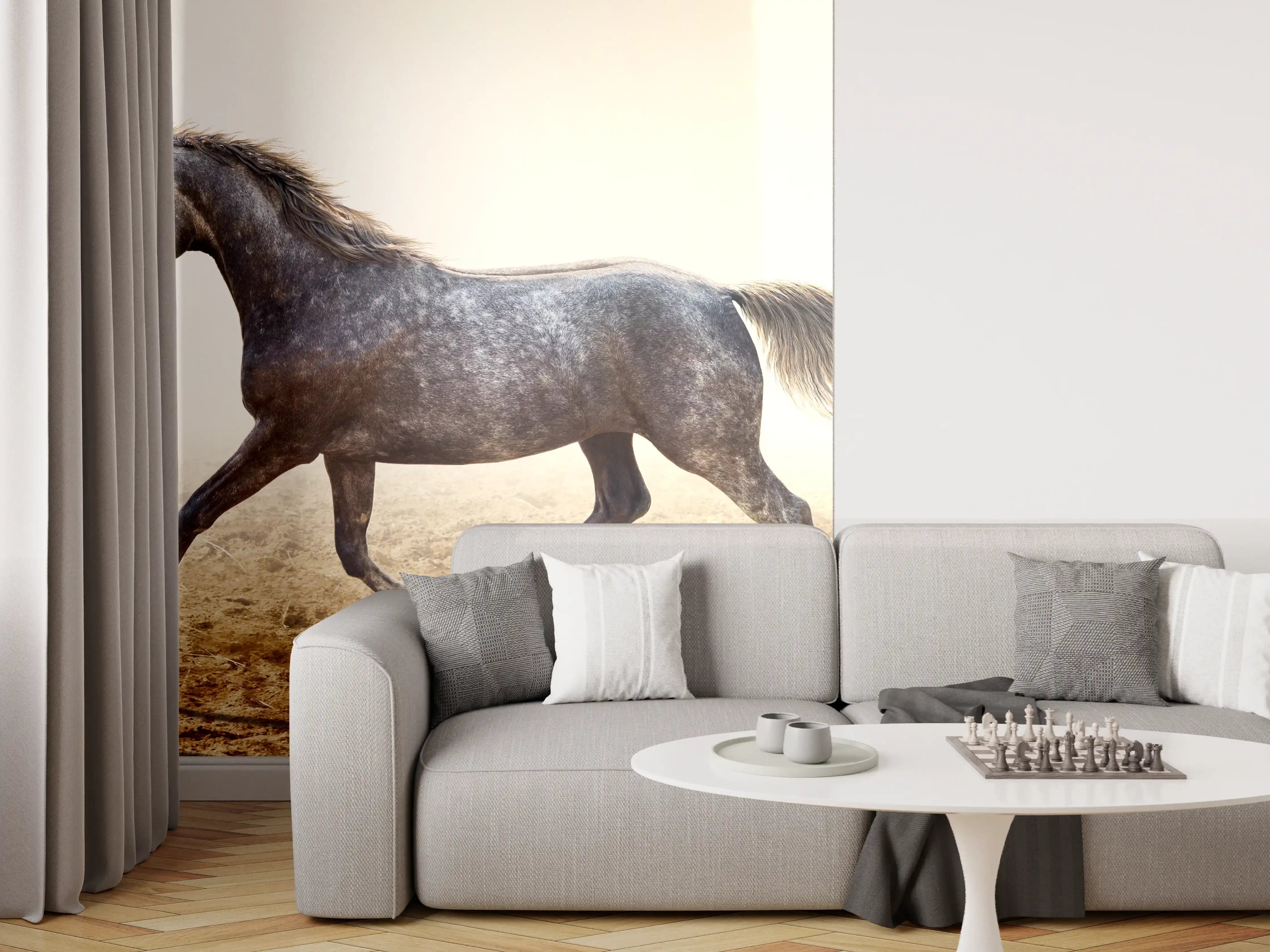 Wandverkleidung Wohnzimmer - Ein graues Pferd reitend auf einem Feld