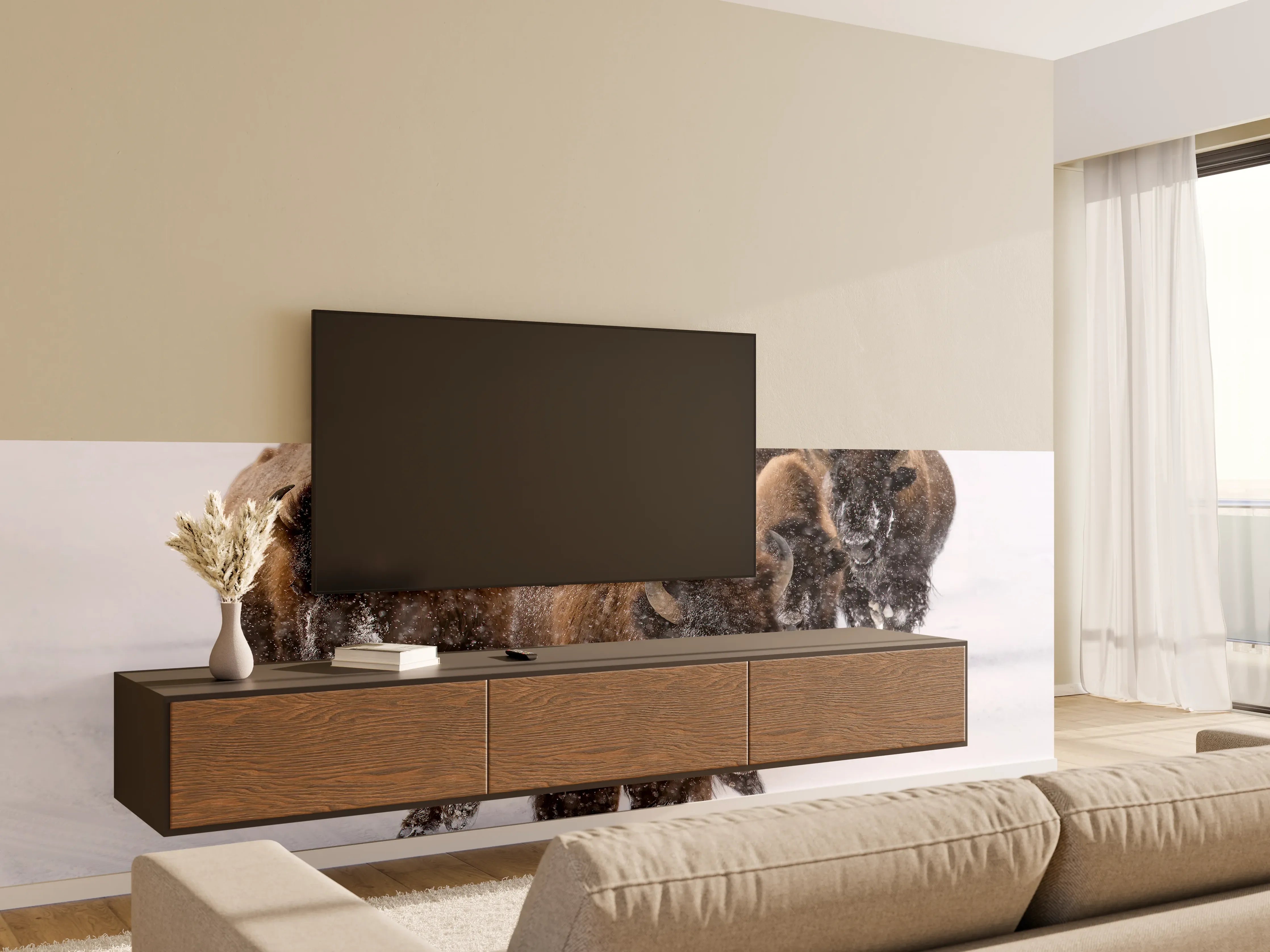 Wandverkleidung Wohnzimmer - Eine Bison Herde