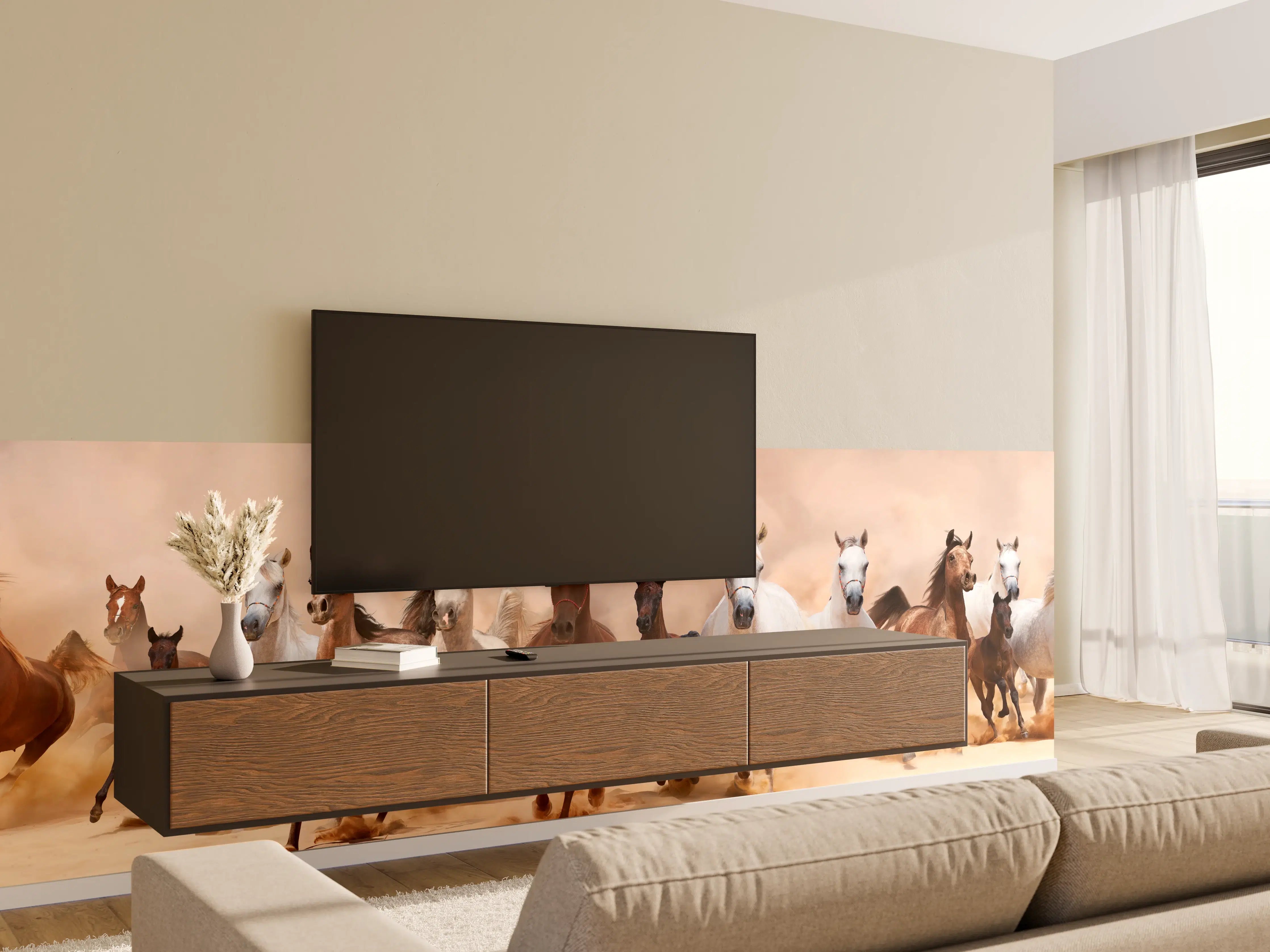 Wandverkleidung Wohnzimmer - Eine Herde von Pferden