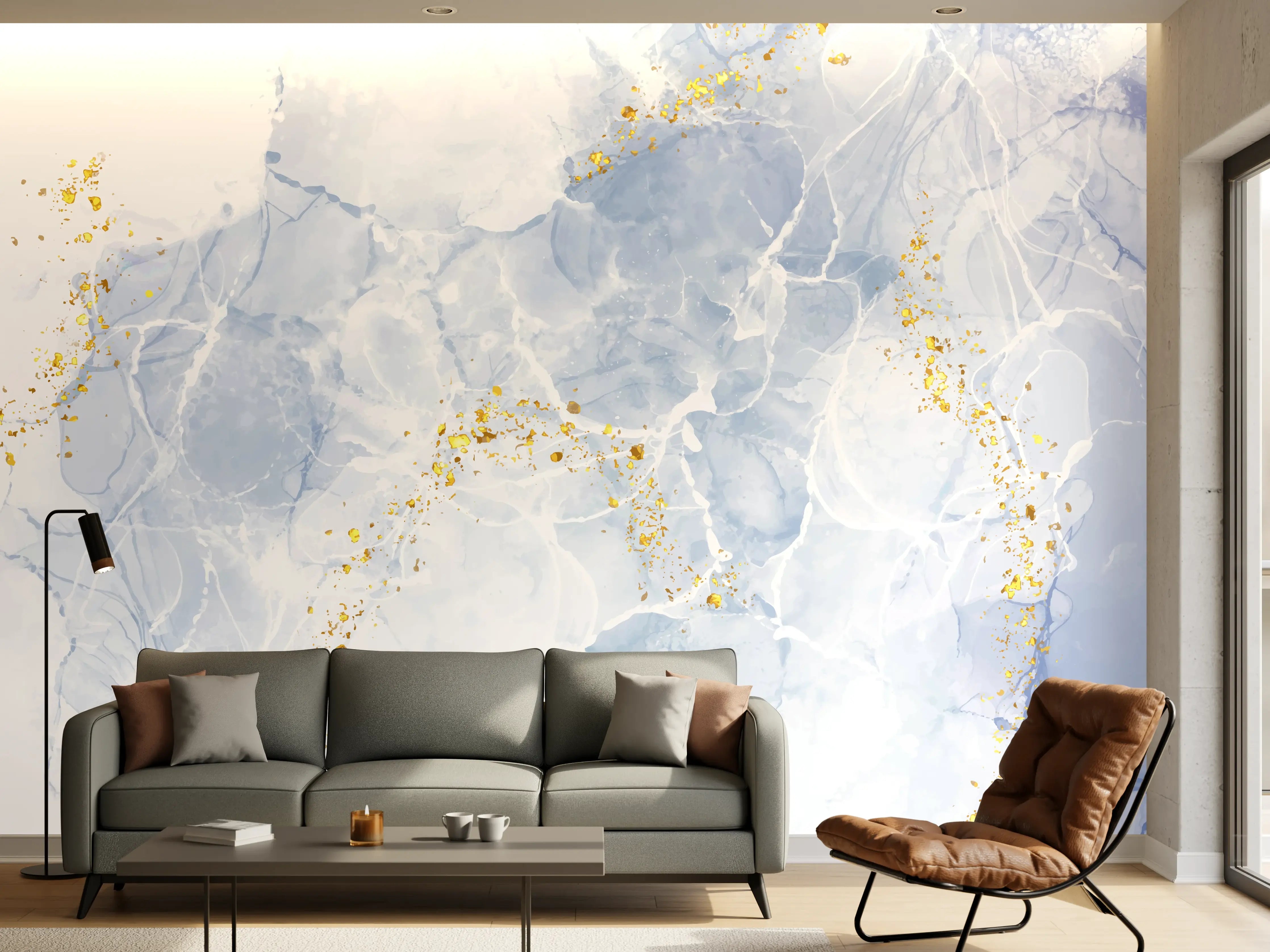 Wandverkleidung Wohnzimmer - Eisiges Blau mit Goldakzenten