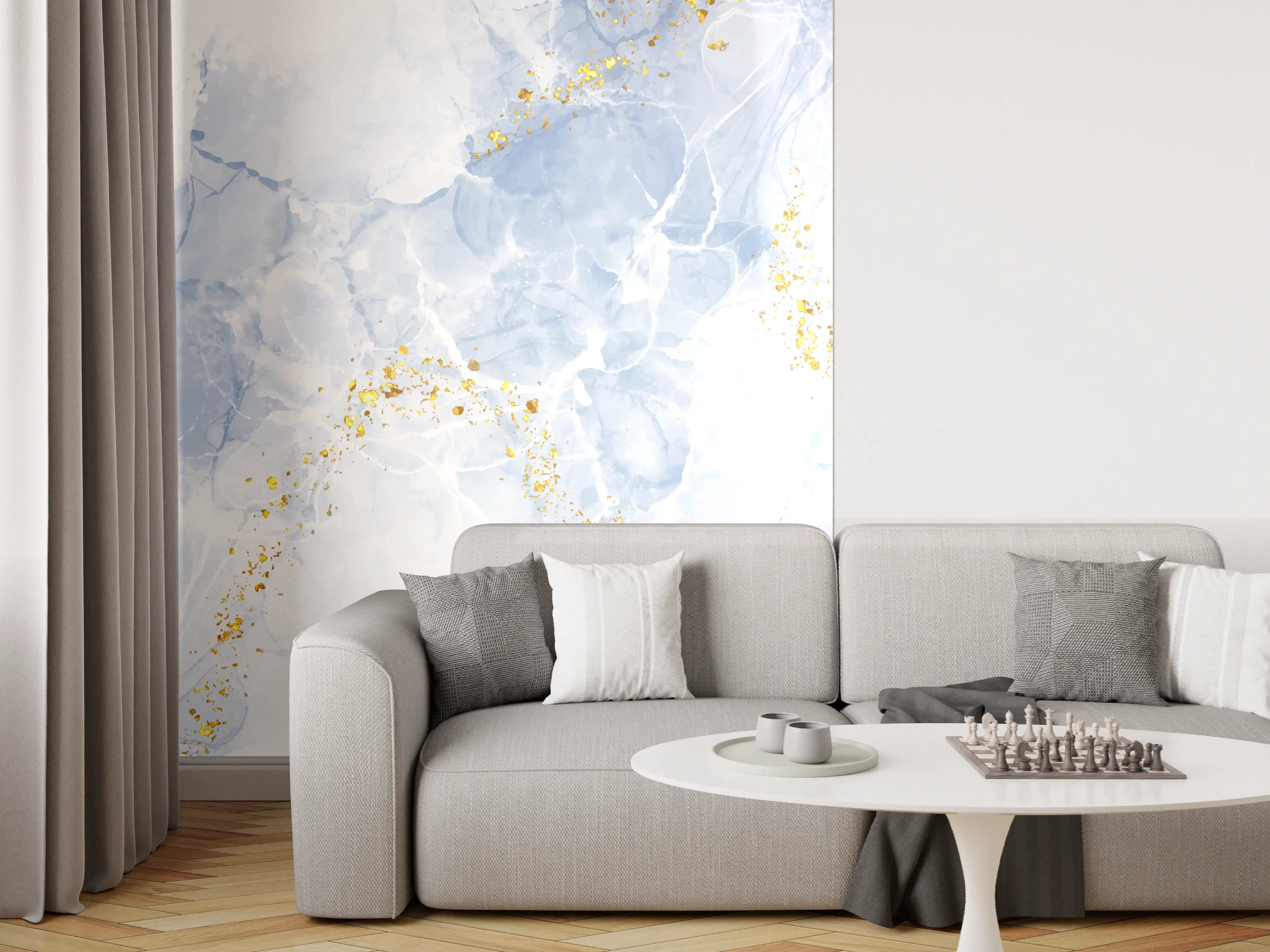 Wandverkleidung Wohnzimmer - Eisiges Blau mit Goldakzenten