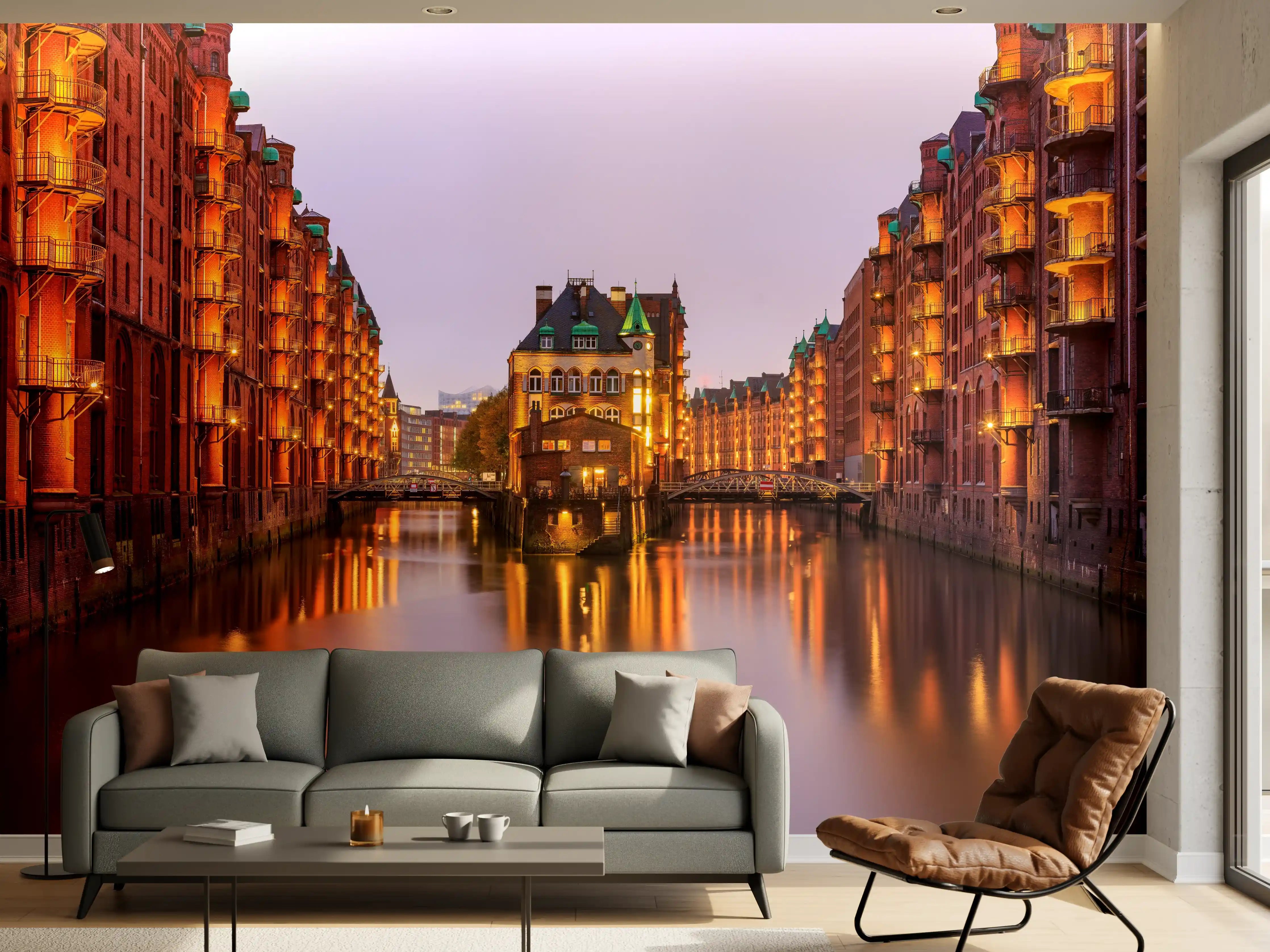 Wandverkleidung Wohnzimmer - Elbe Hamburg im Nacht