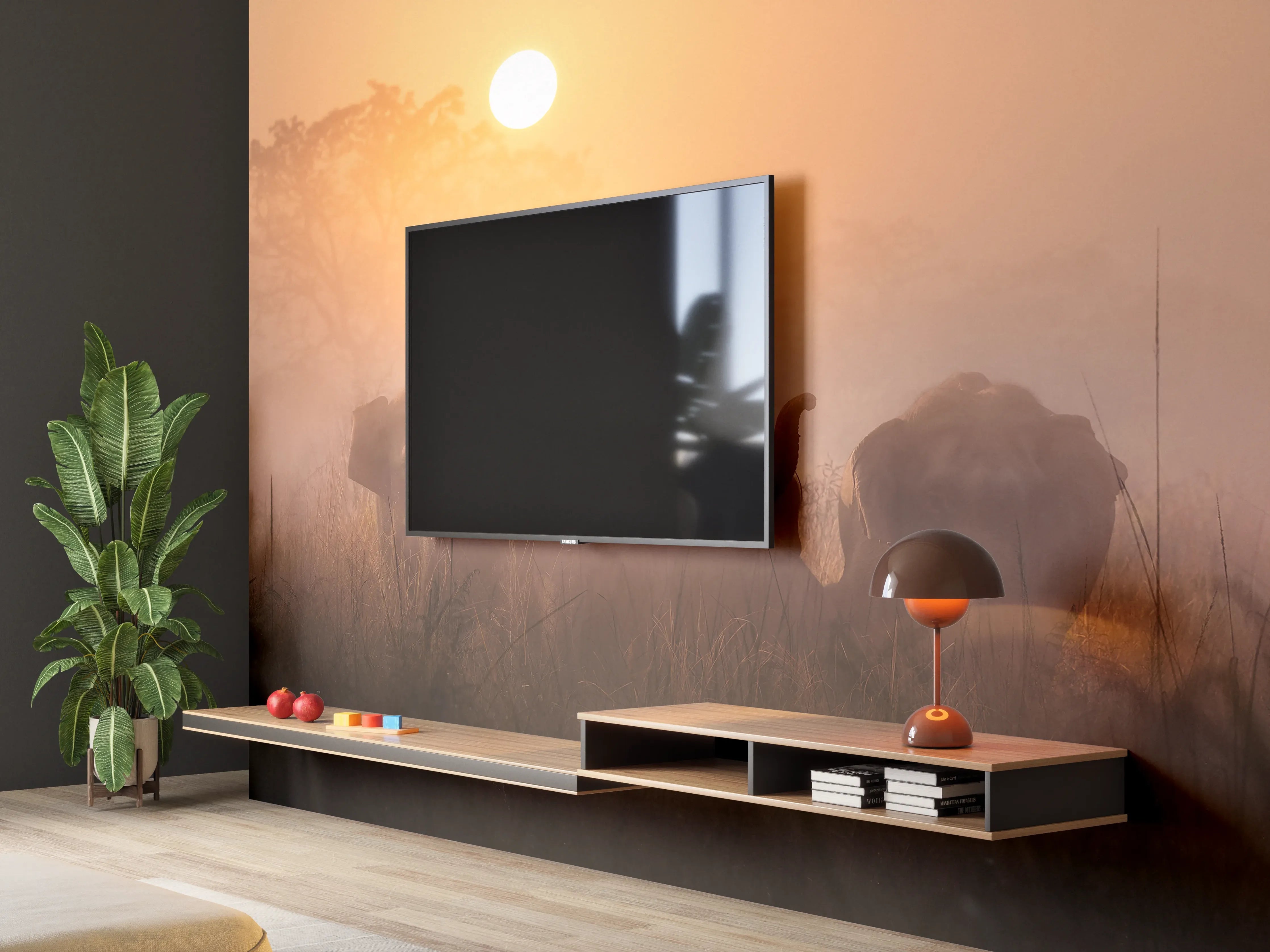 Wandverkleidung Wohnzimmer - Elefanten bei Morgengrauen