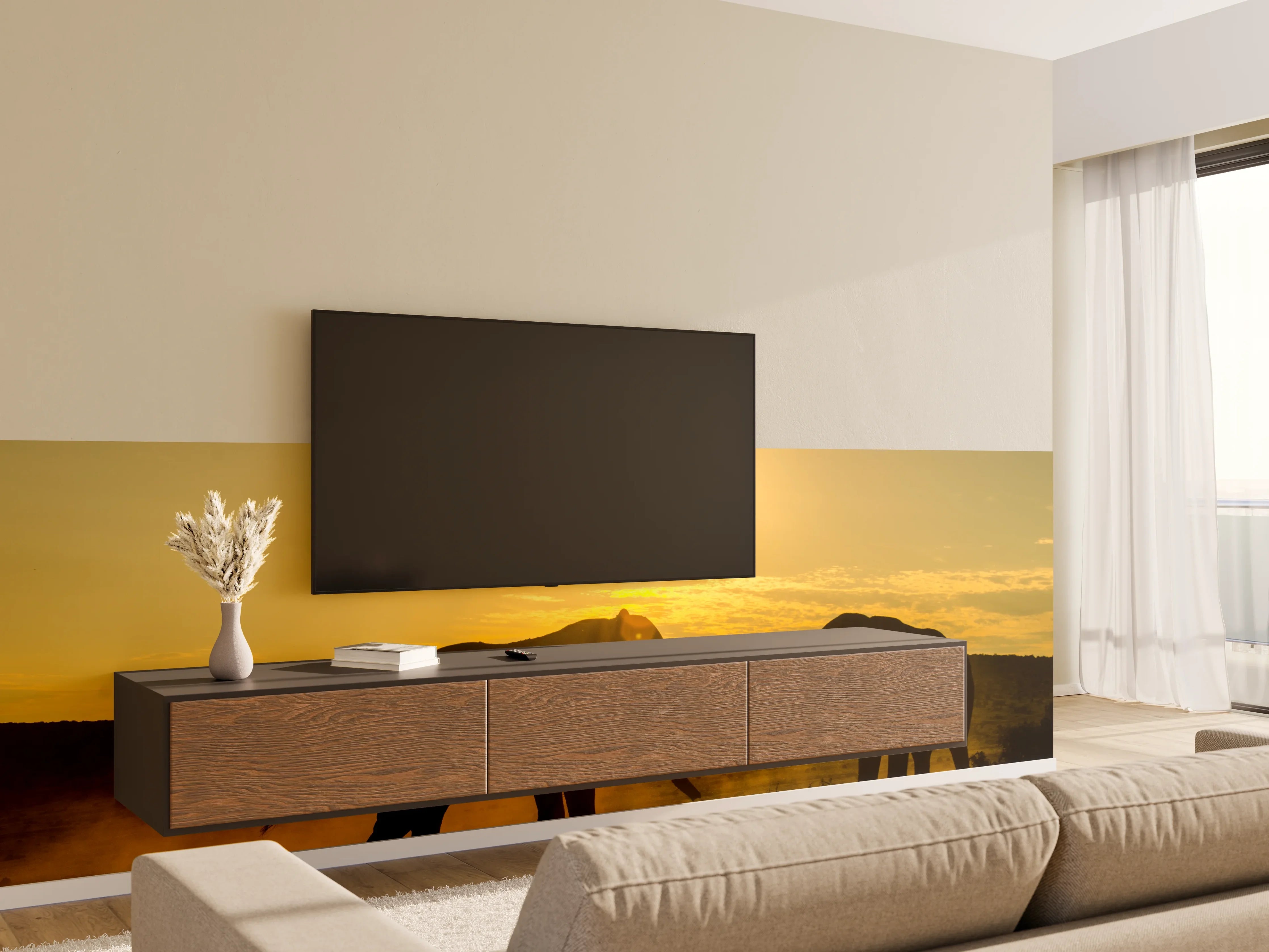 Wandverkleidung Wohnzimmer - Elefanten bei Sonnenuntergang
