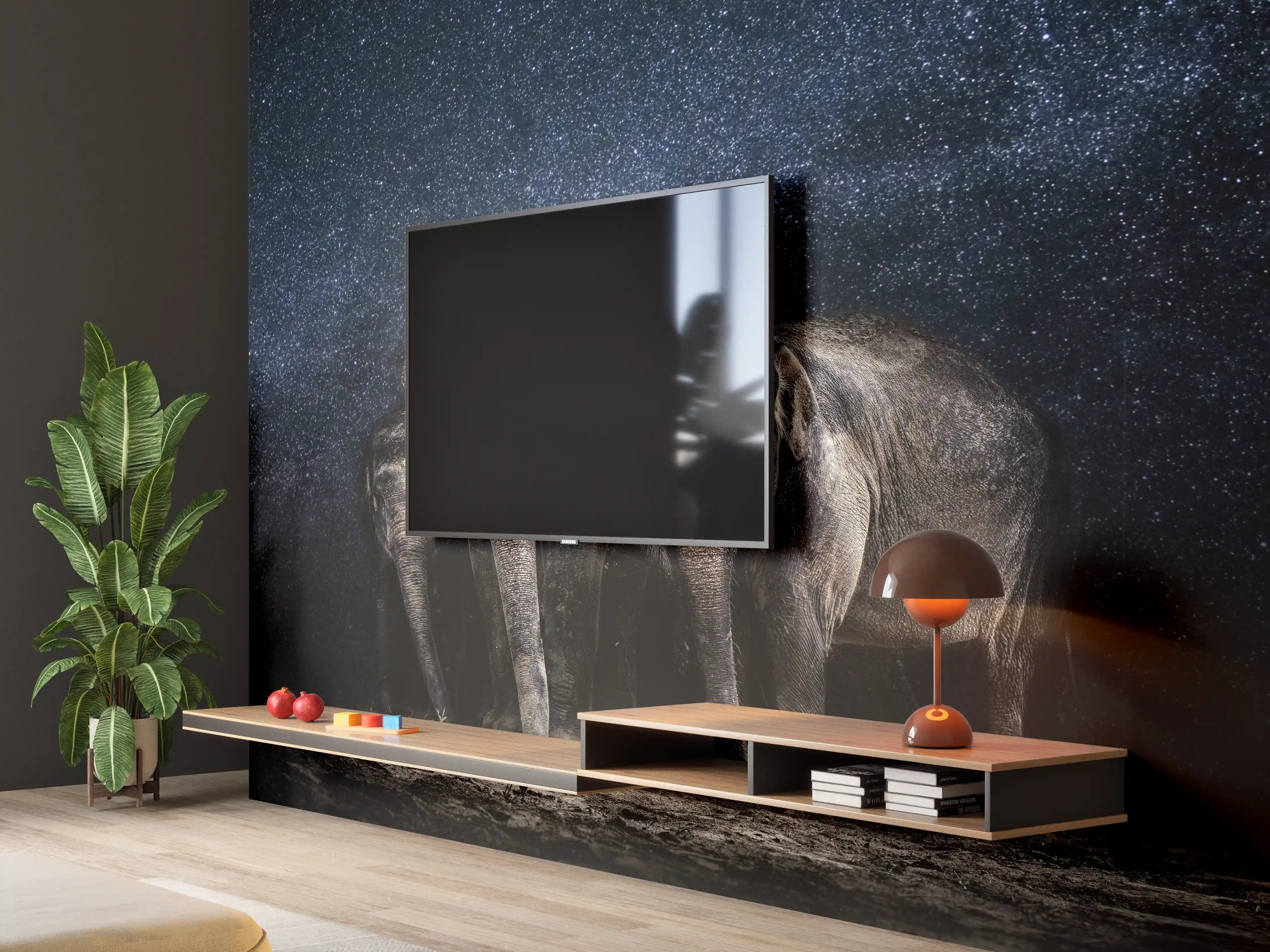 Wandverkleidung Wohnzimmer - Elefantenfamilie zwischen den Sternen