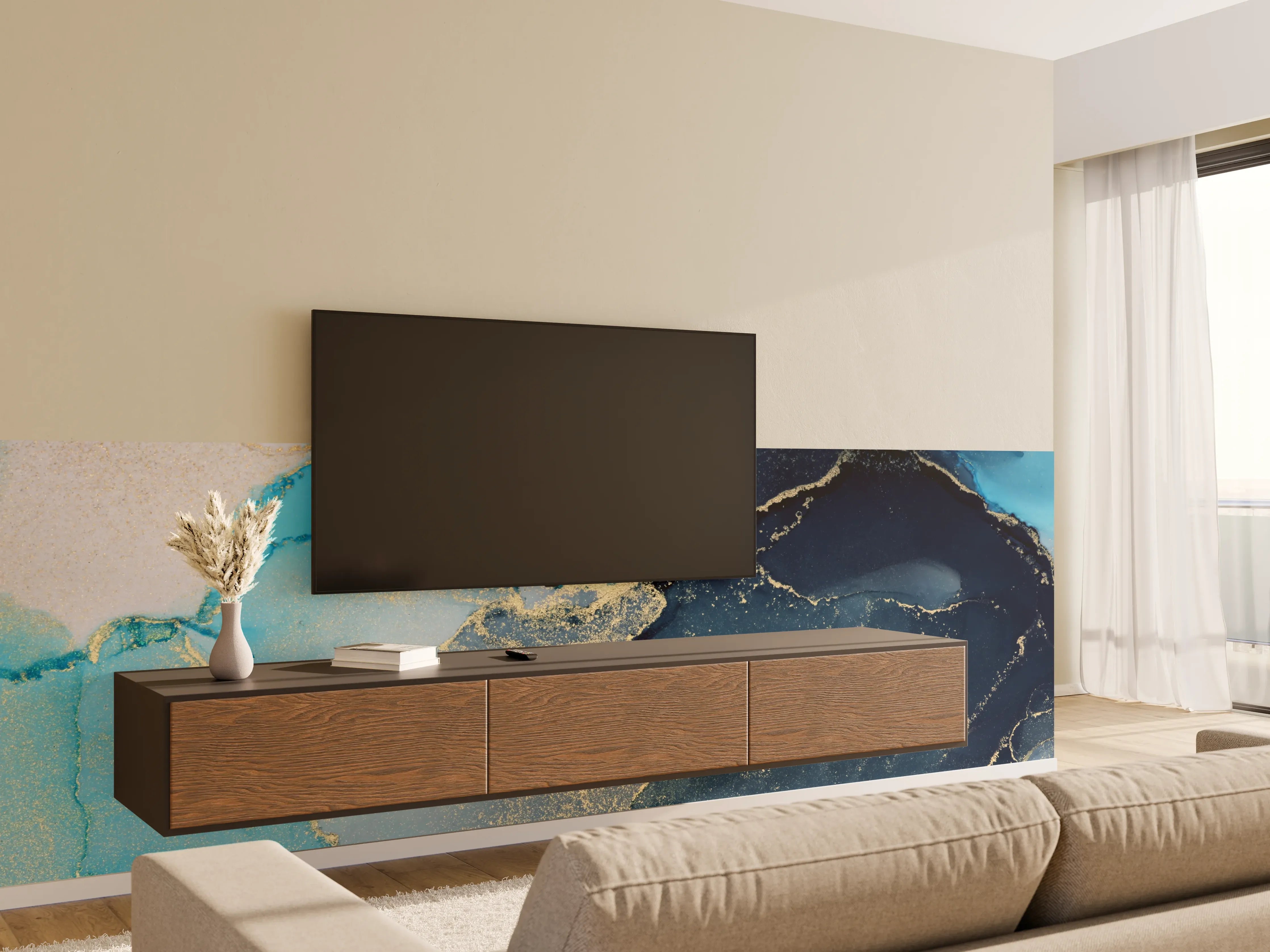 Wandverkleidung Wohnzimmer - Elegant Blauer Marmor mit Goldakzenten