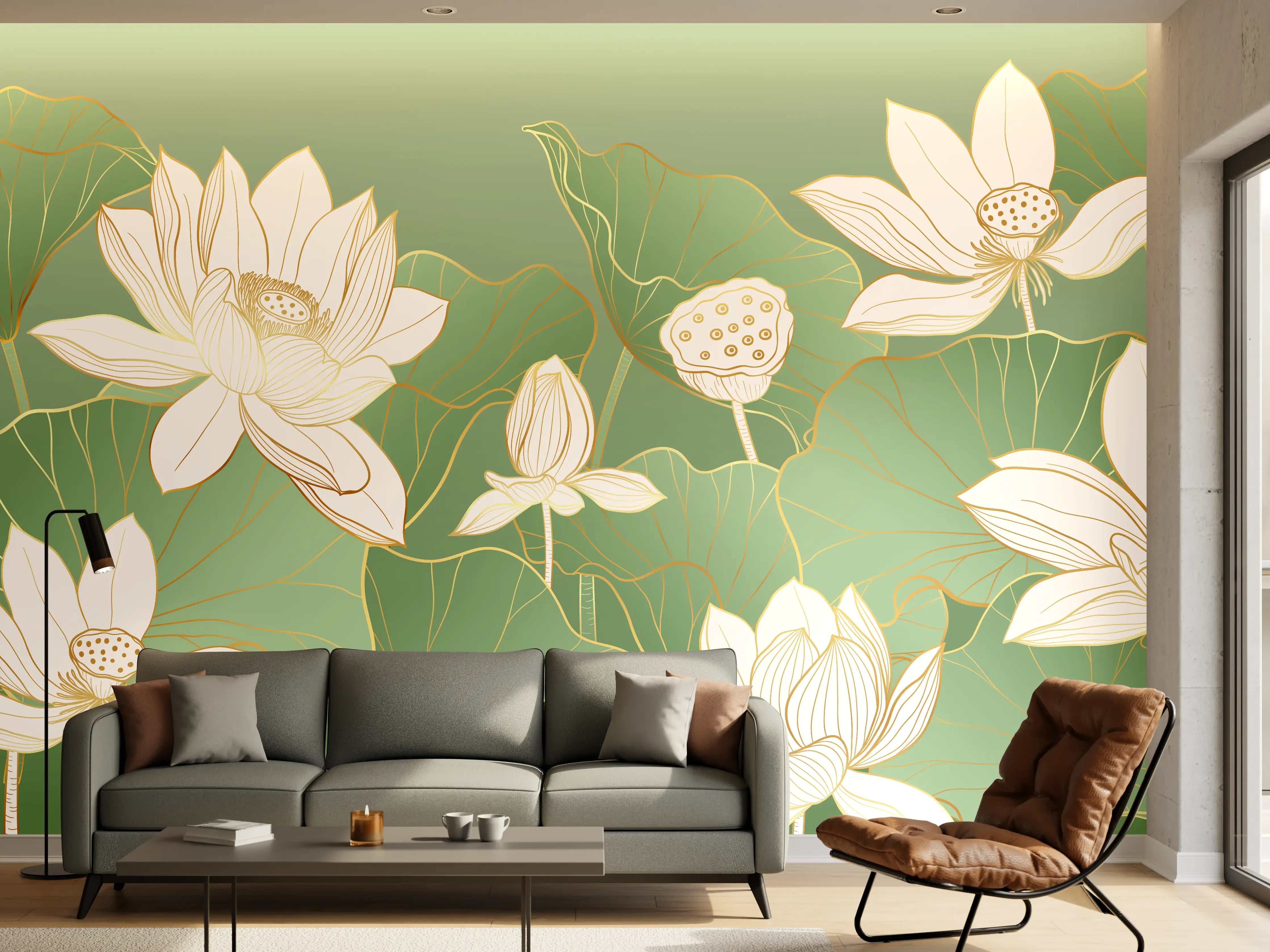 Wandverkleidung Wohnzimmer - Elegant Lotus Aquatic Scene mit weißen Blüten
