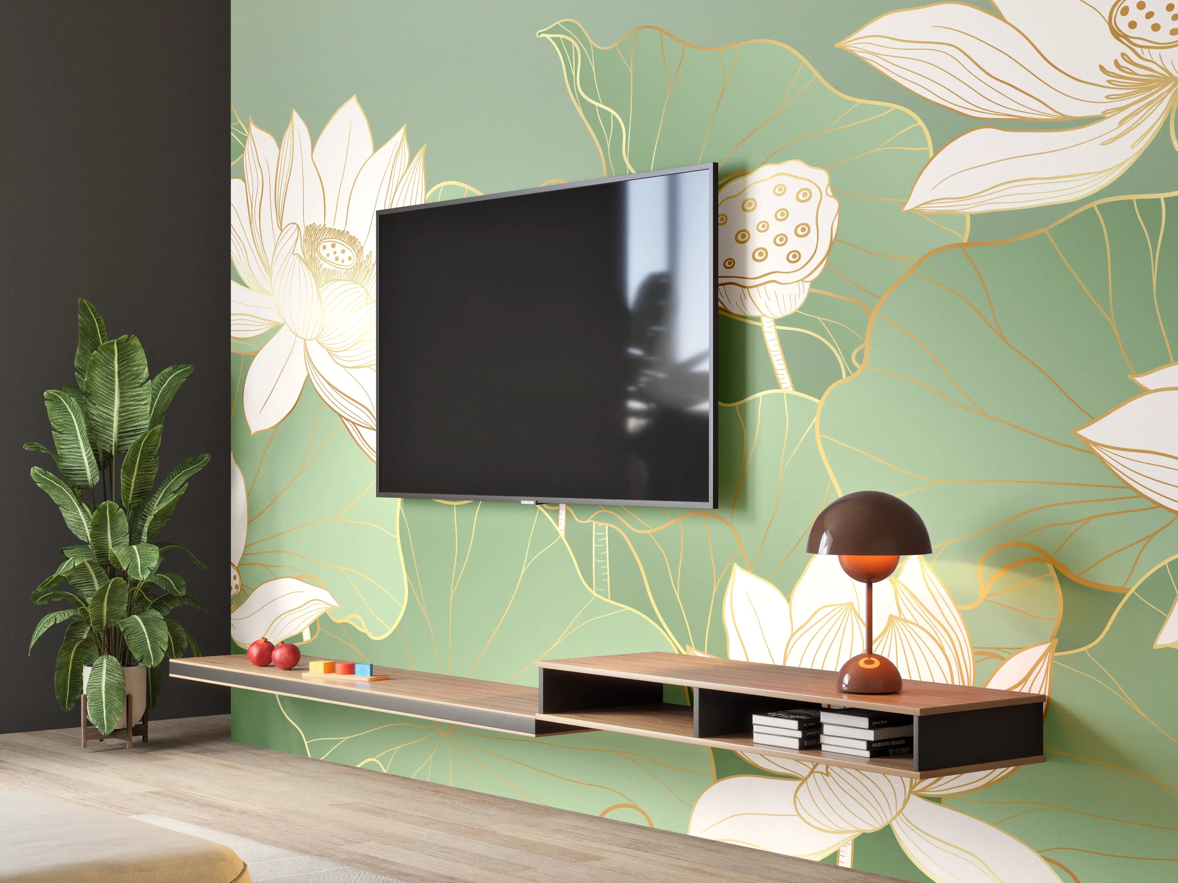 Wandverkleidung Wohnzimmer - Elegant Lotus Aquatic Scene mit weißen Blüten