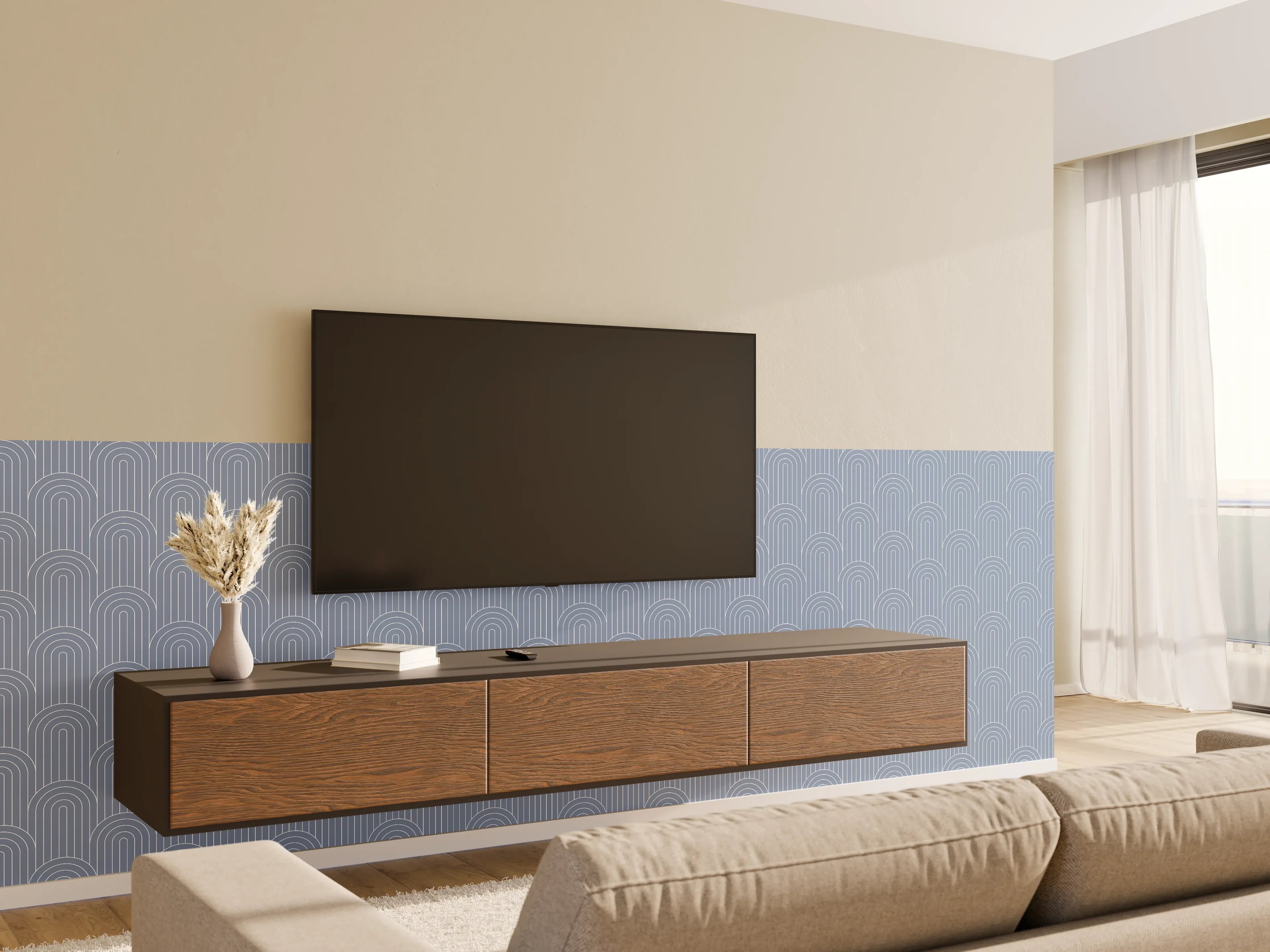 Wandverkleidung Wohnzimmer - Elegant Muster in Blau und Grau