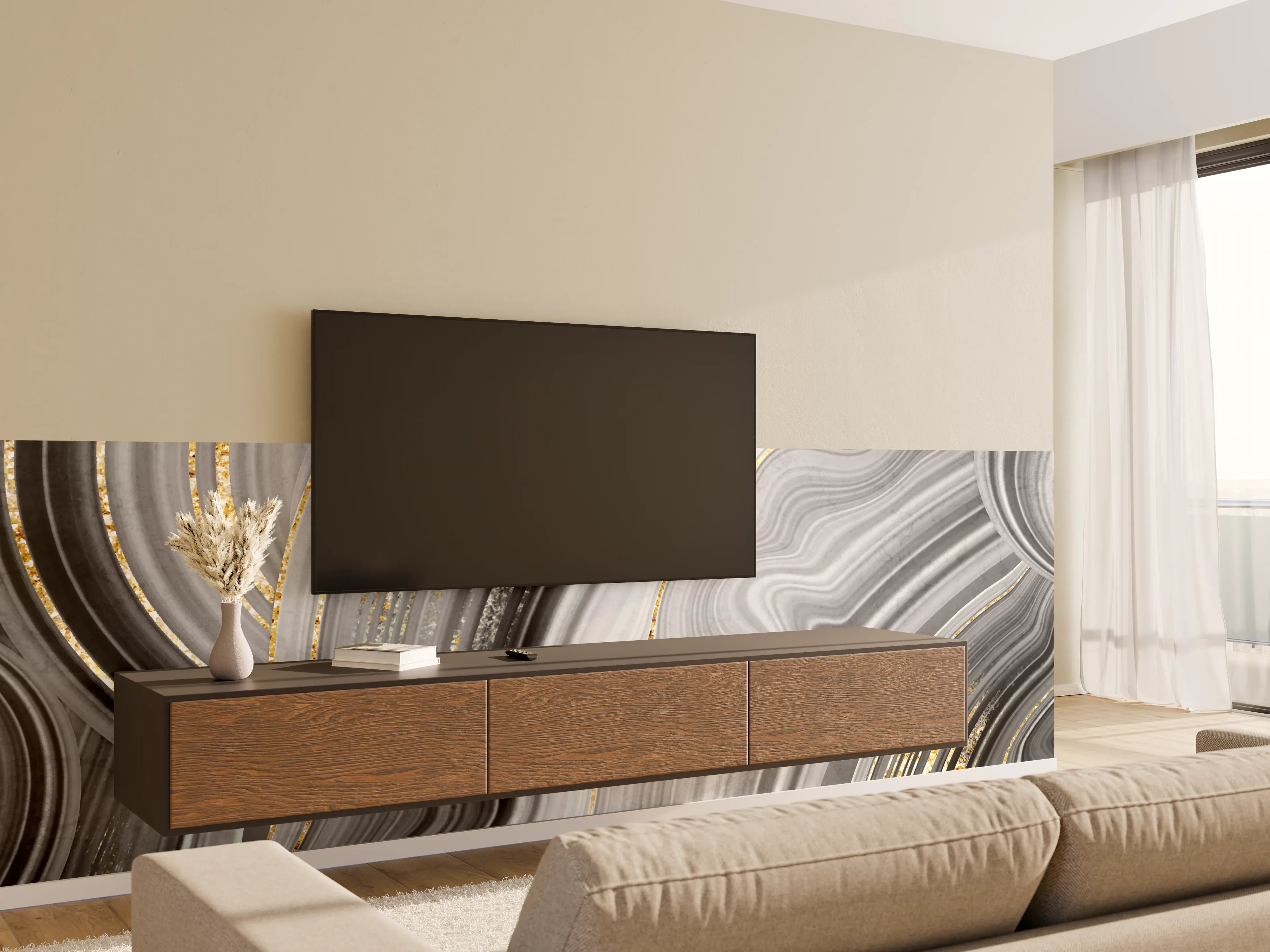 Wandverkleidung Wohnzimmer - Elegant Schwarz-Gold Design mit Grautönen