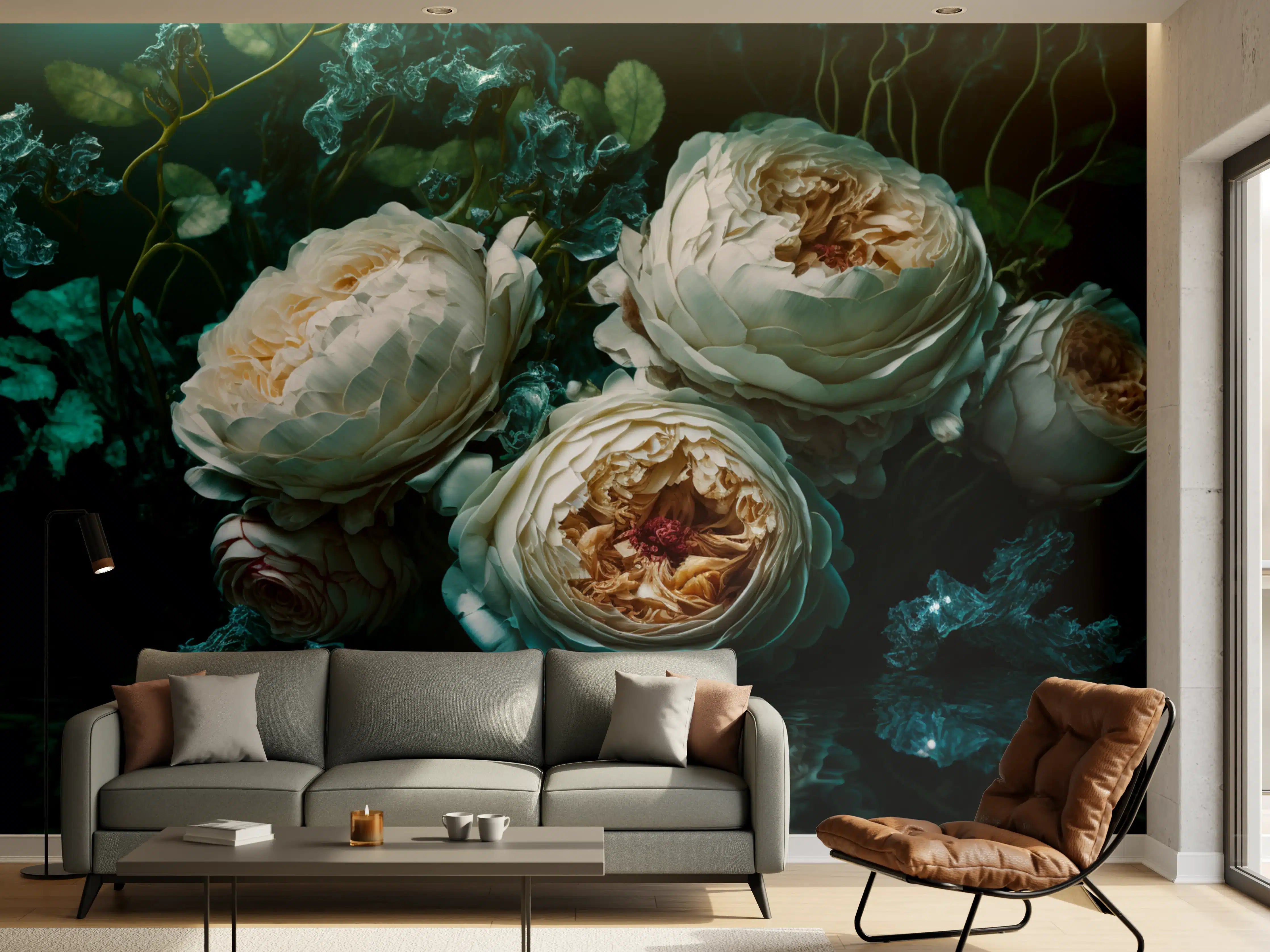 Wandverkleidung Wohnzimmer - Elegant Wasserrosen in dunklem Wasser