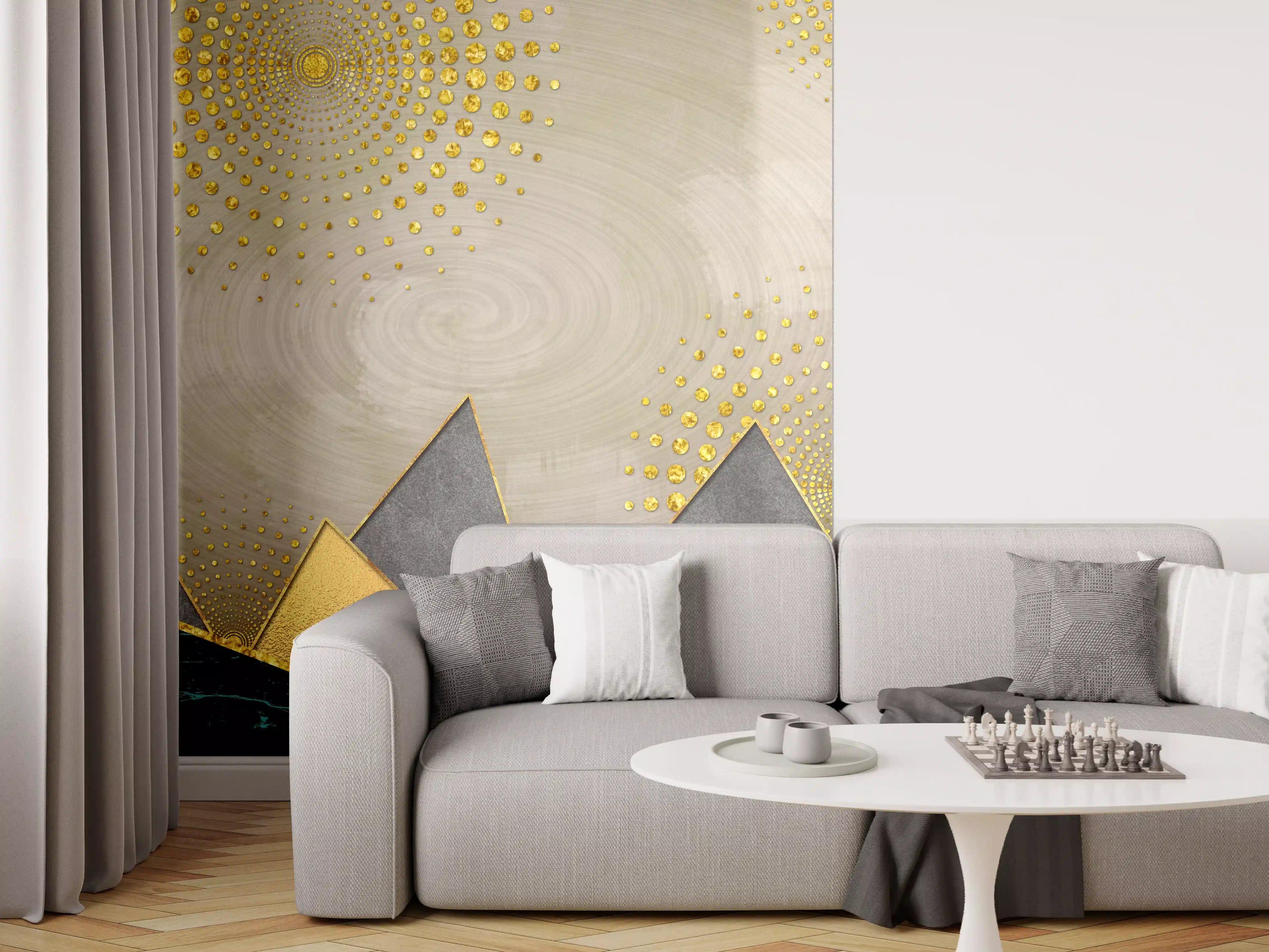 Wandverkleidung Wohnzimmer - Elegant abstrakte Kunst mit Goldakzenten