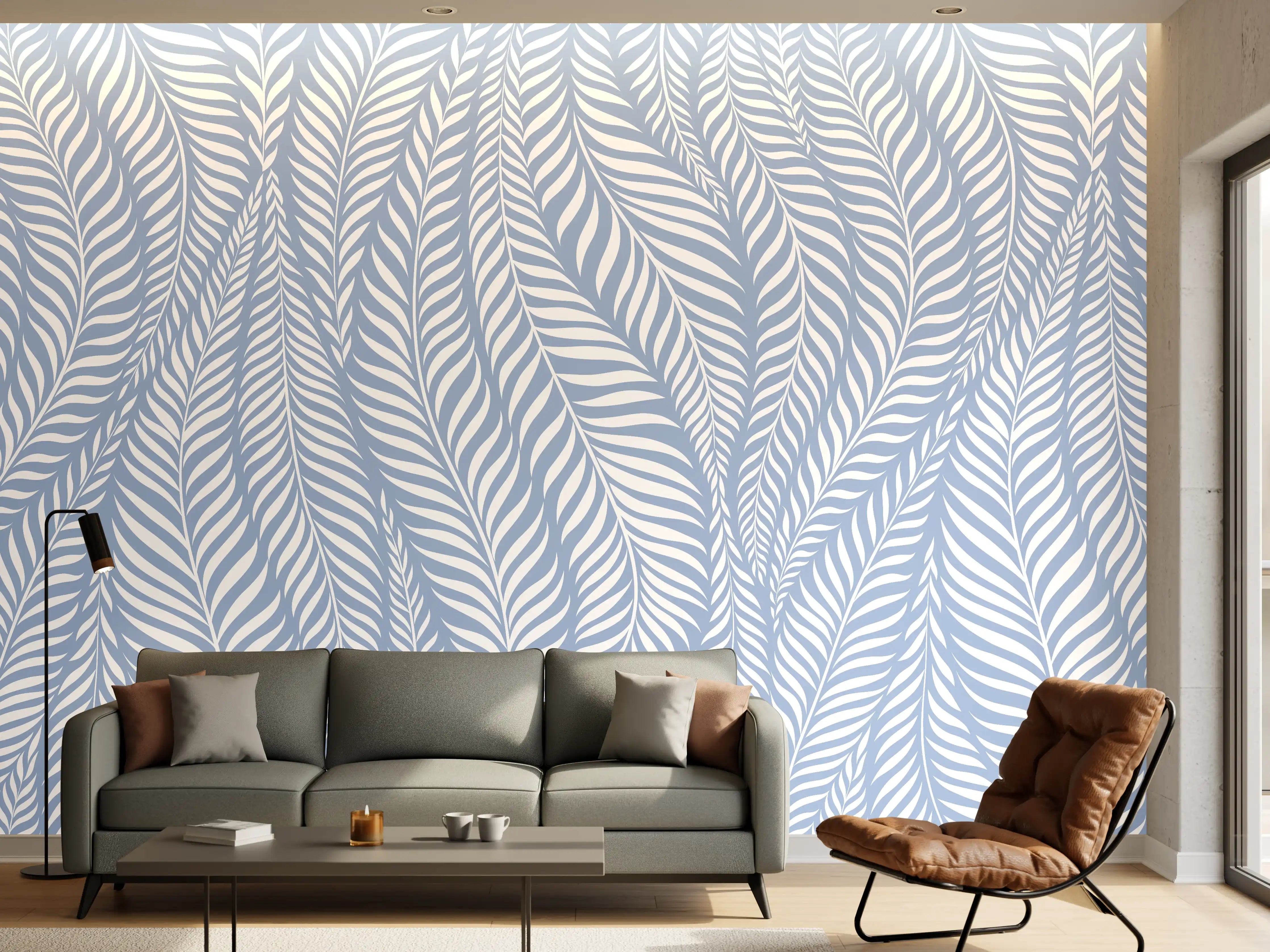 Wandverkleidung Wohnzimmer - Elegant blauer Blätter-Print