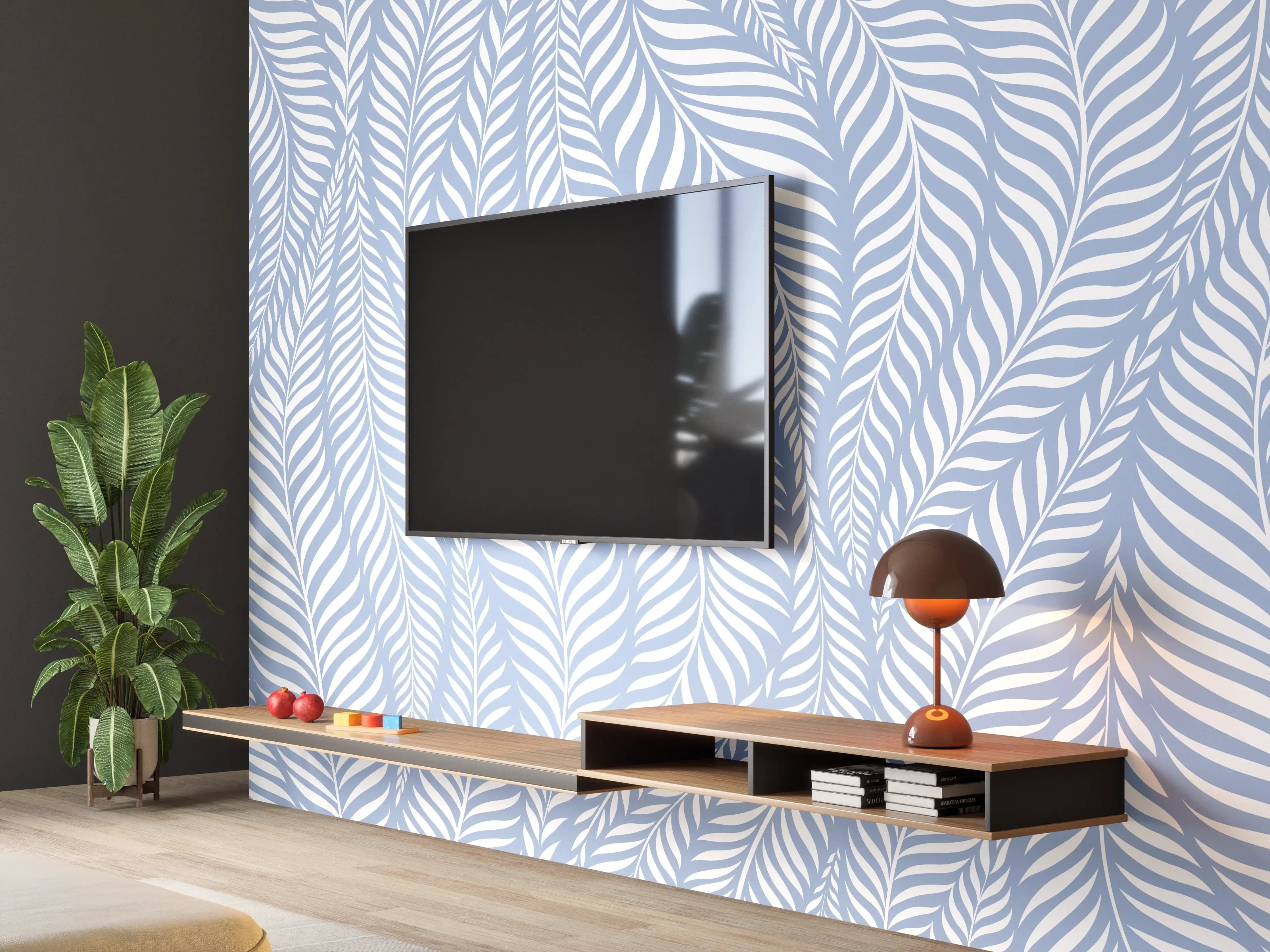 Wandverkleidung Wohnzimmer - Elegant blauer Blätter-Print
