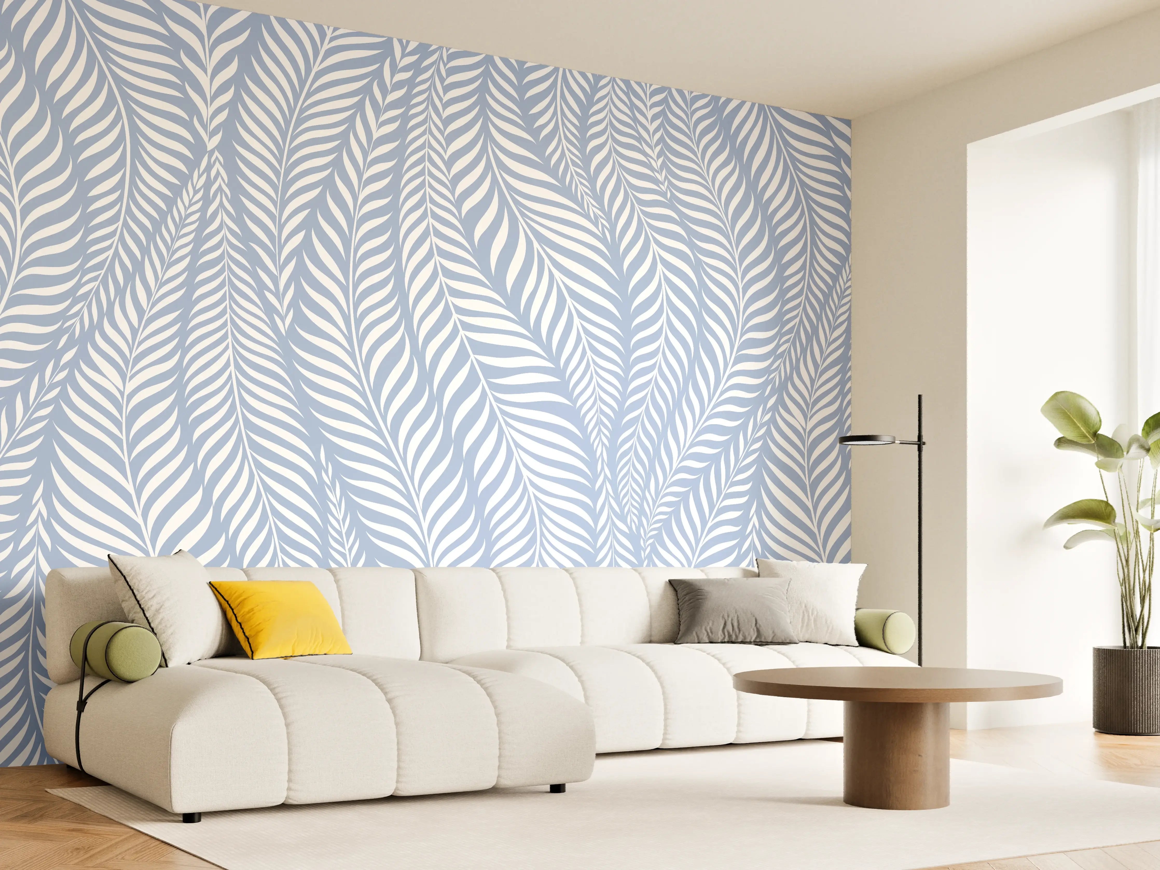 Wandverkleidung Wohnzimmer - Elegant blauer Blätter-Print
