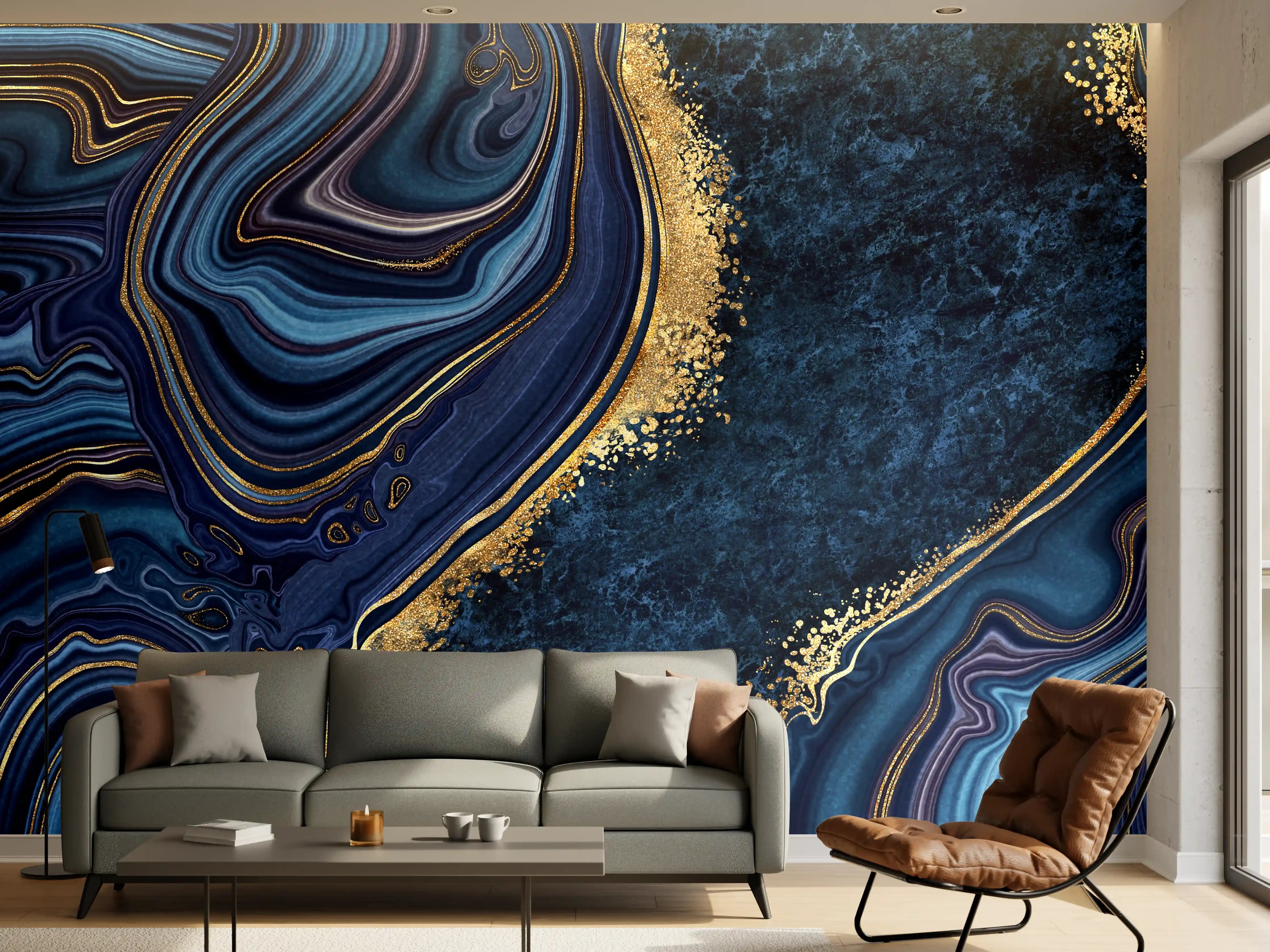 Wandverkleidung Wohnzimmer - Elegant blauer Marbledesign mit Goldakzenten