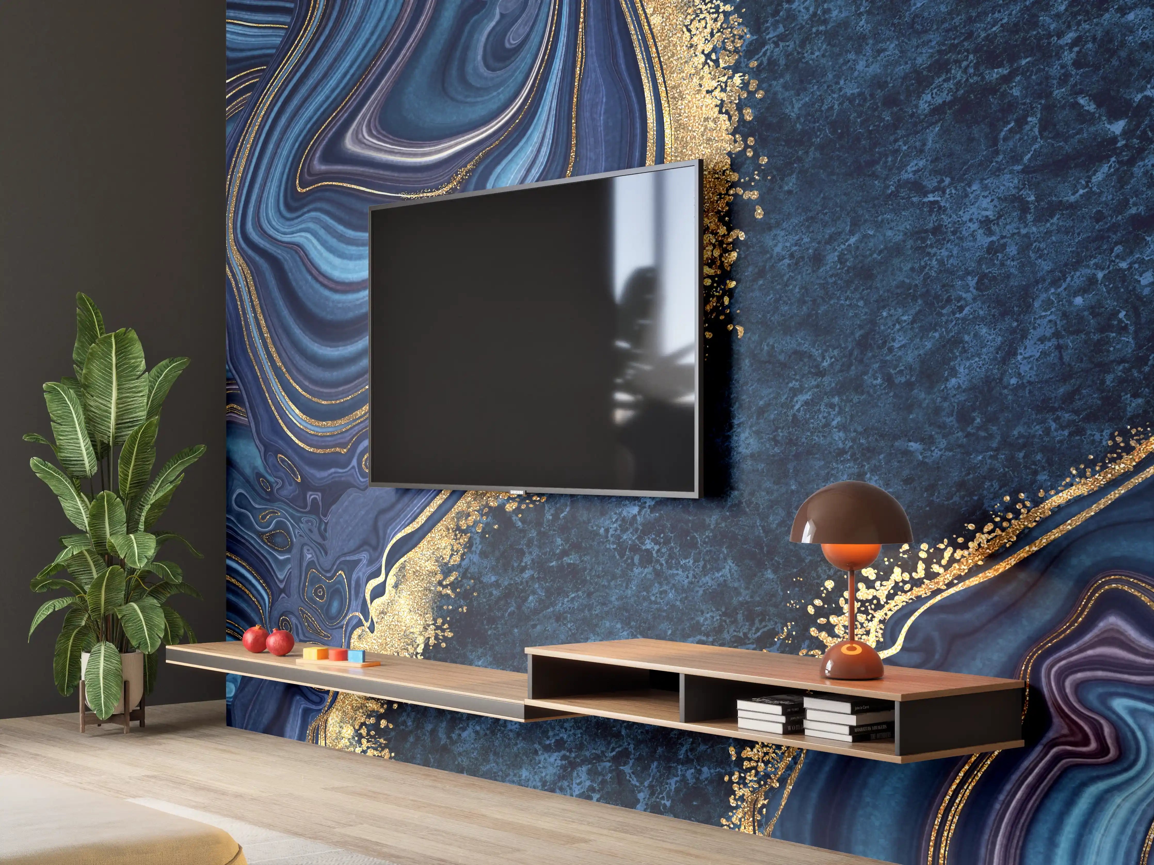 Wandverkleidung Wohnzimmer - Elegant blauer Marbledesign mit Goldakzenten
