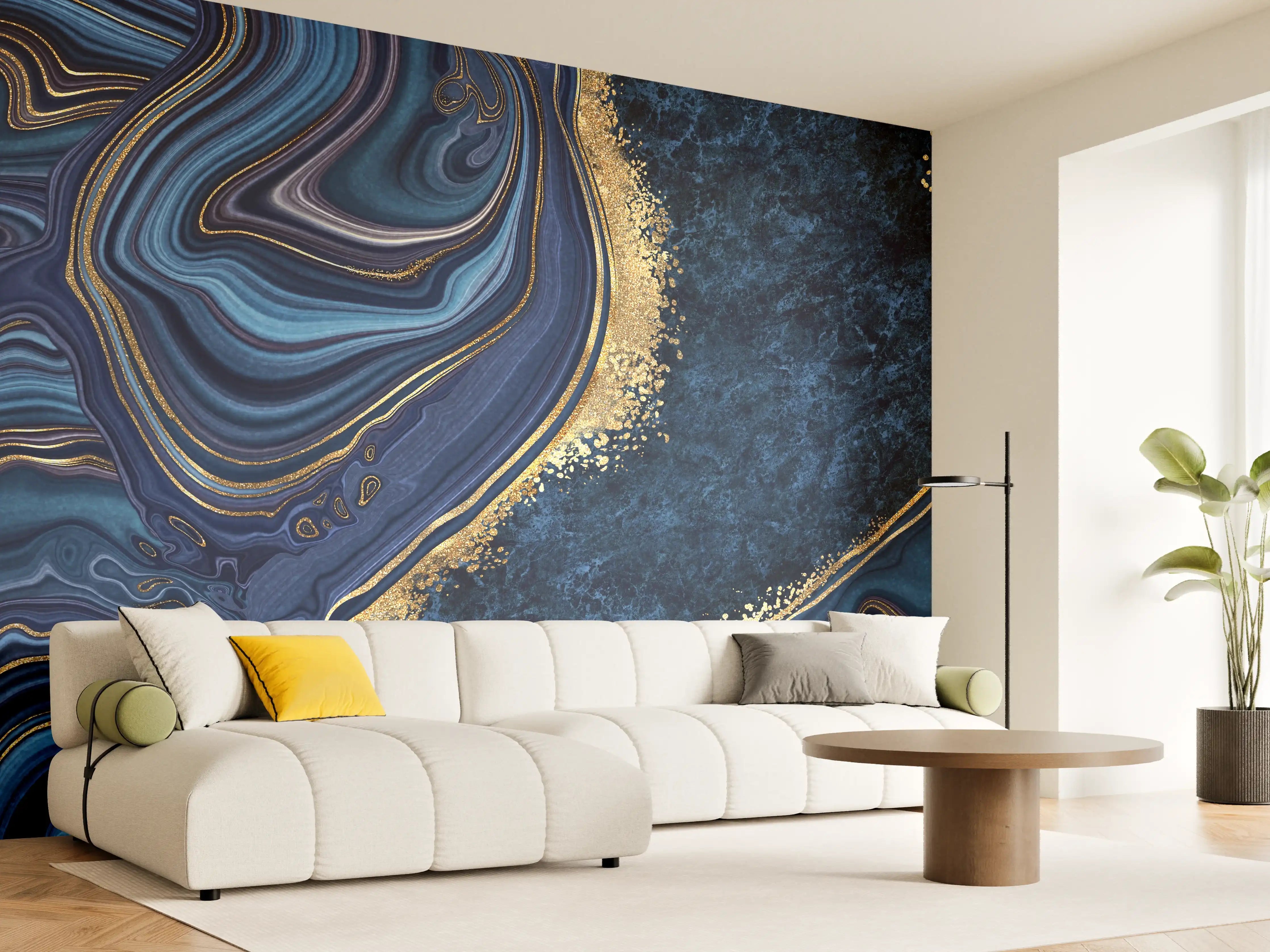 Wandverkleidung Wohnzimmer - Elegant blauer Marbledesign mit Goldakzenten