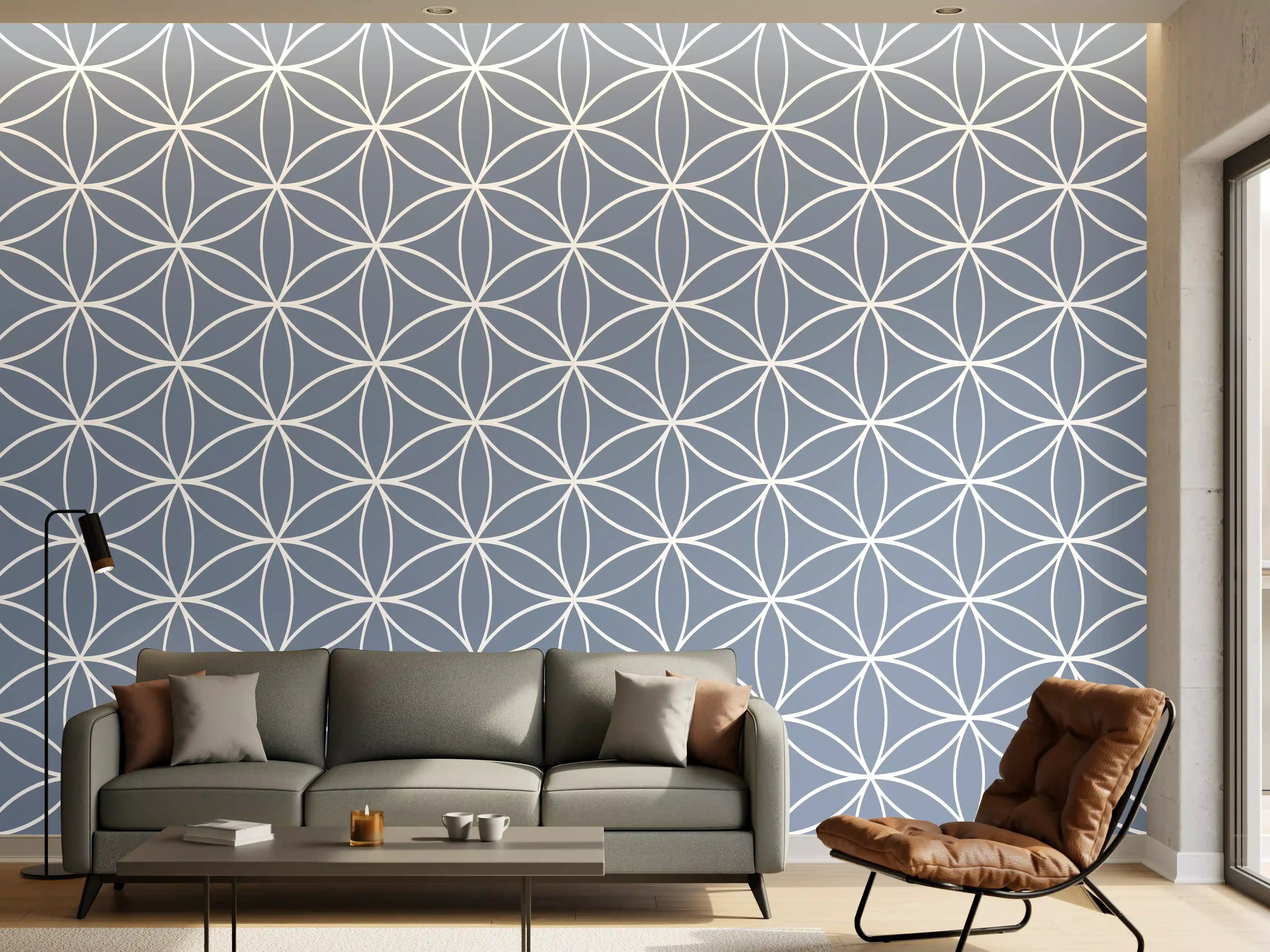 Wandverkleidung Wohnzimmer - Elegant geometrisches Muster in Blau und Weiß