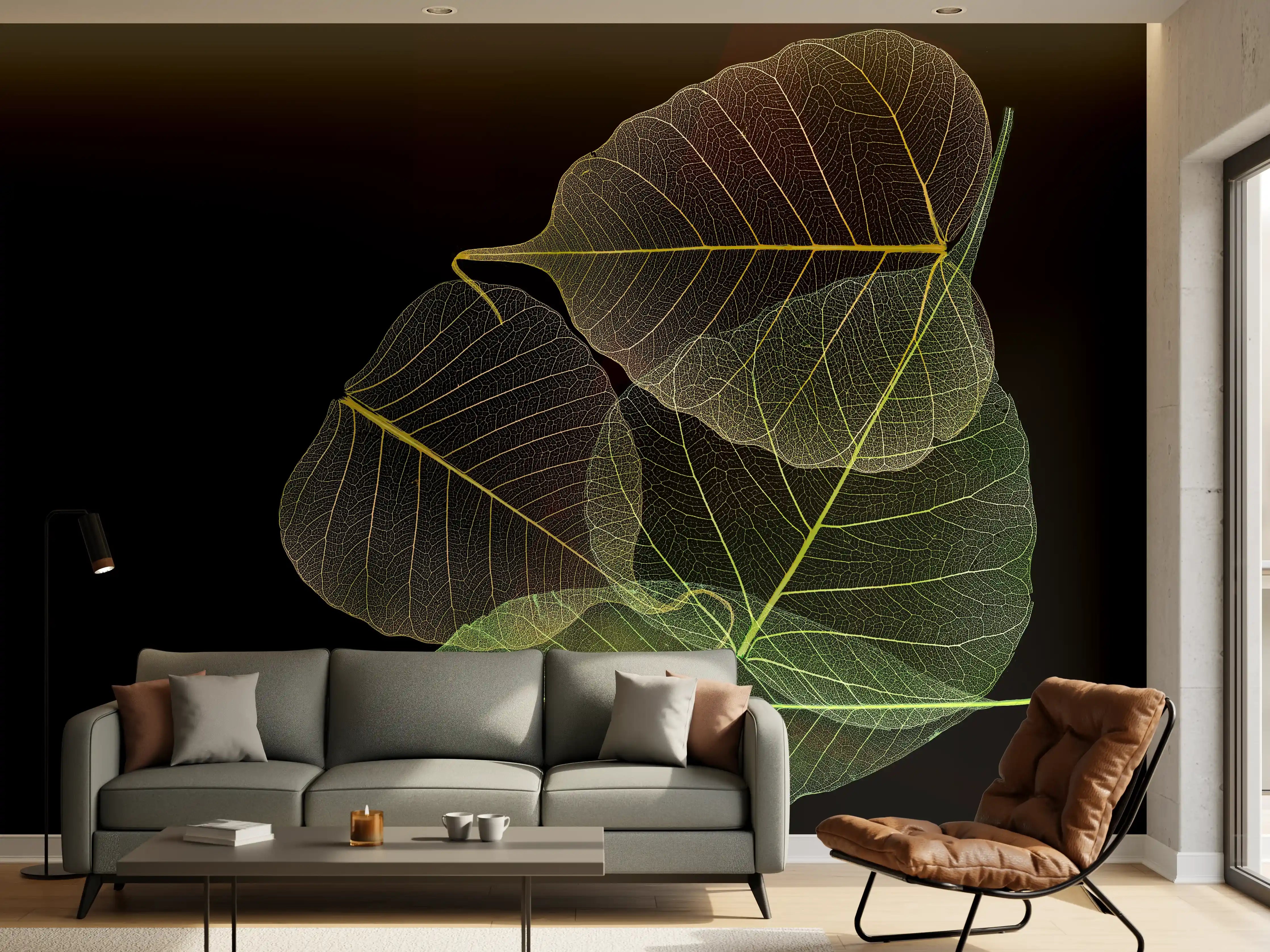 Wandverkleidung Wohnzimmer - Elegante Blätter auf schwarzem Hintergrund