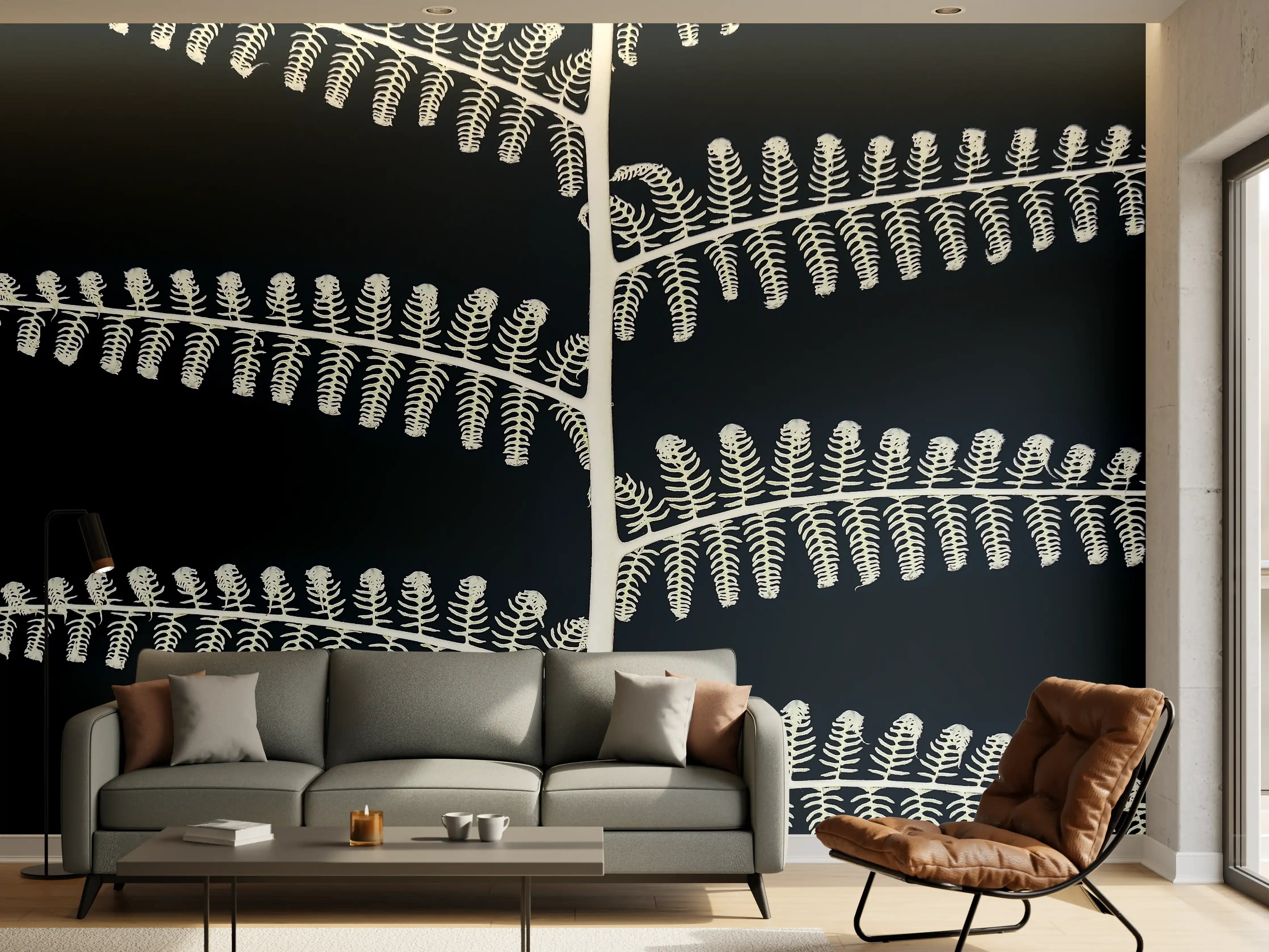 Wandverkleidung Wohnzimmer - Elegante Blätterpflanze auf dunklem Hintergrund