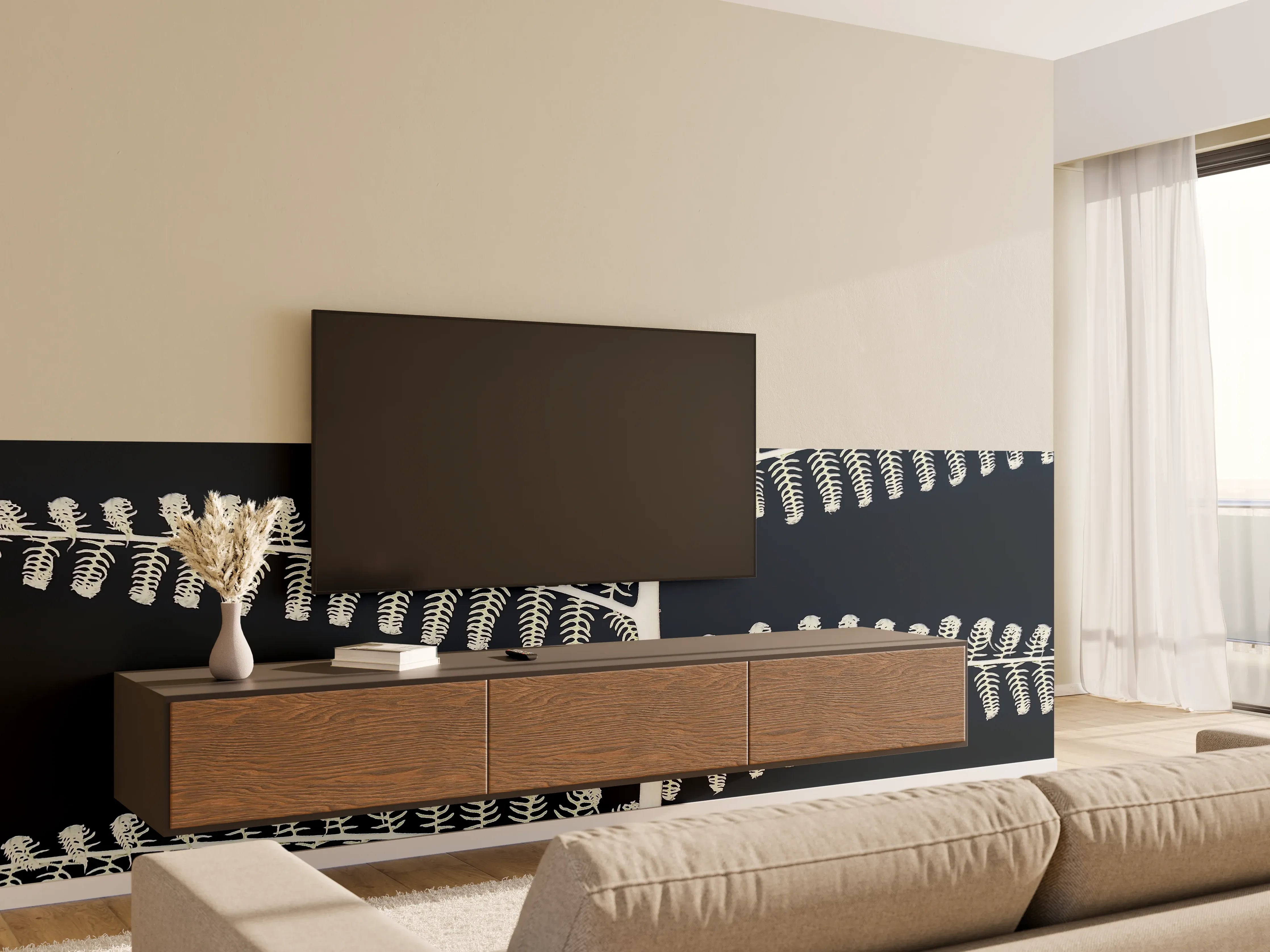Wandverkleidung Wohnzimmer - Elegante Blätterpflanze auf dunklem Hintergrund