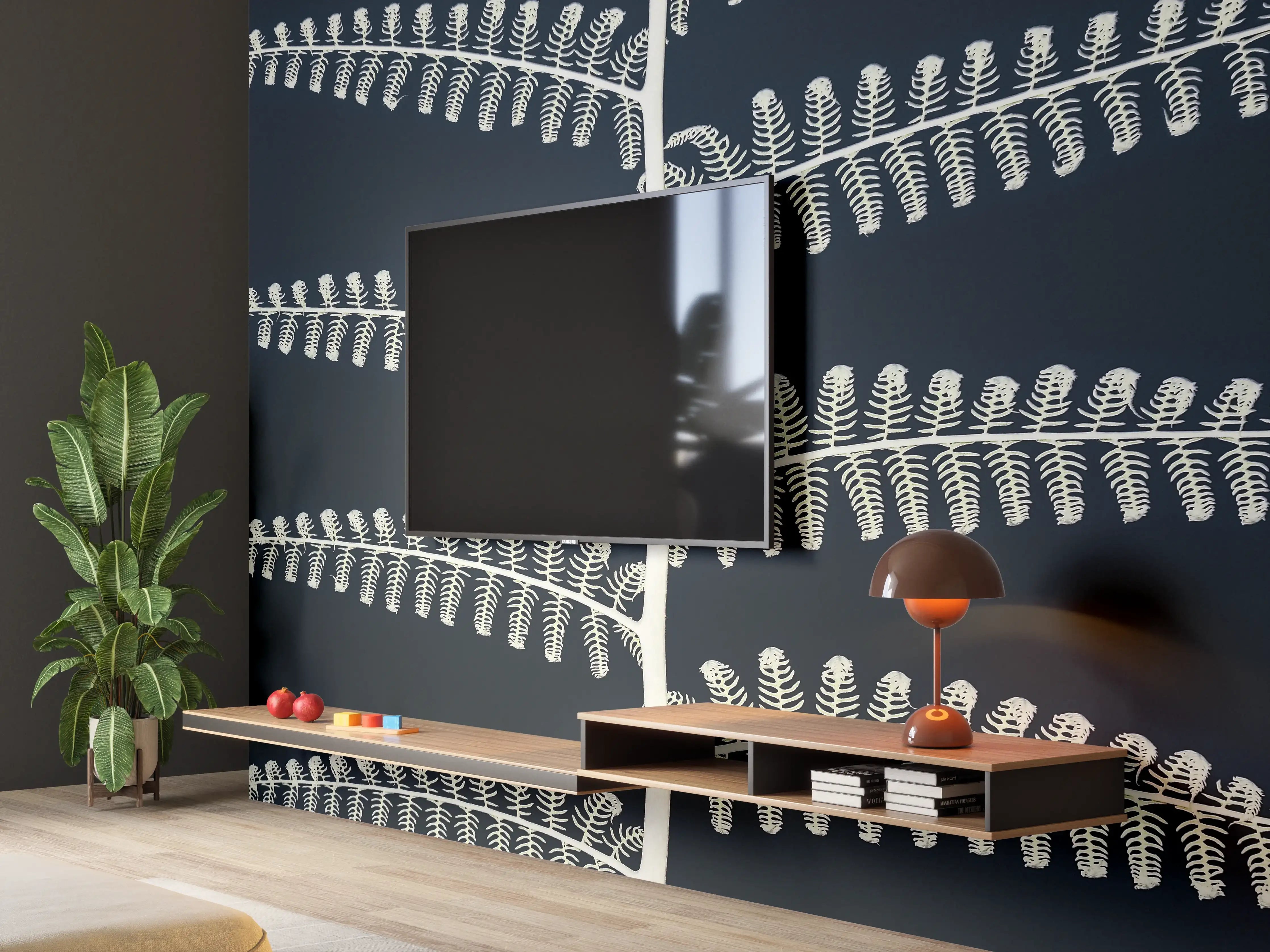 Wandverkleidung Wohnzimmer - Elegante Blätterpflanze auf dunklem Hintergrund