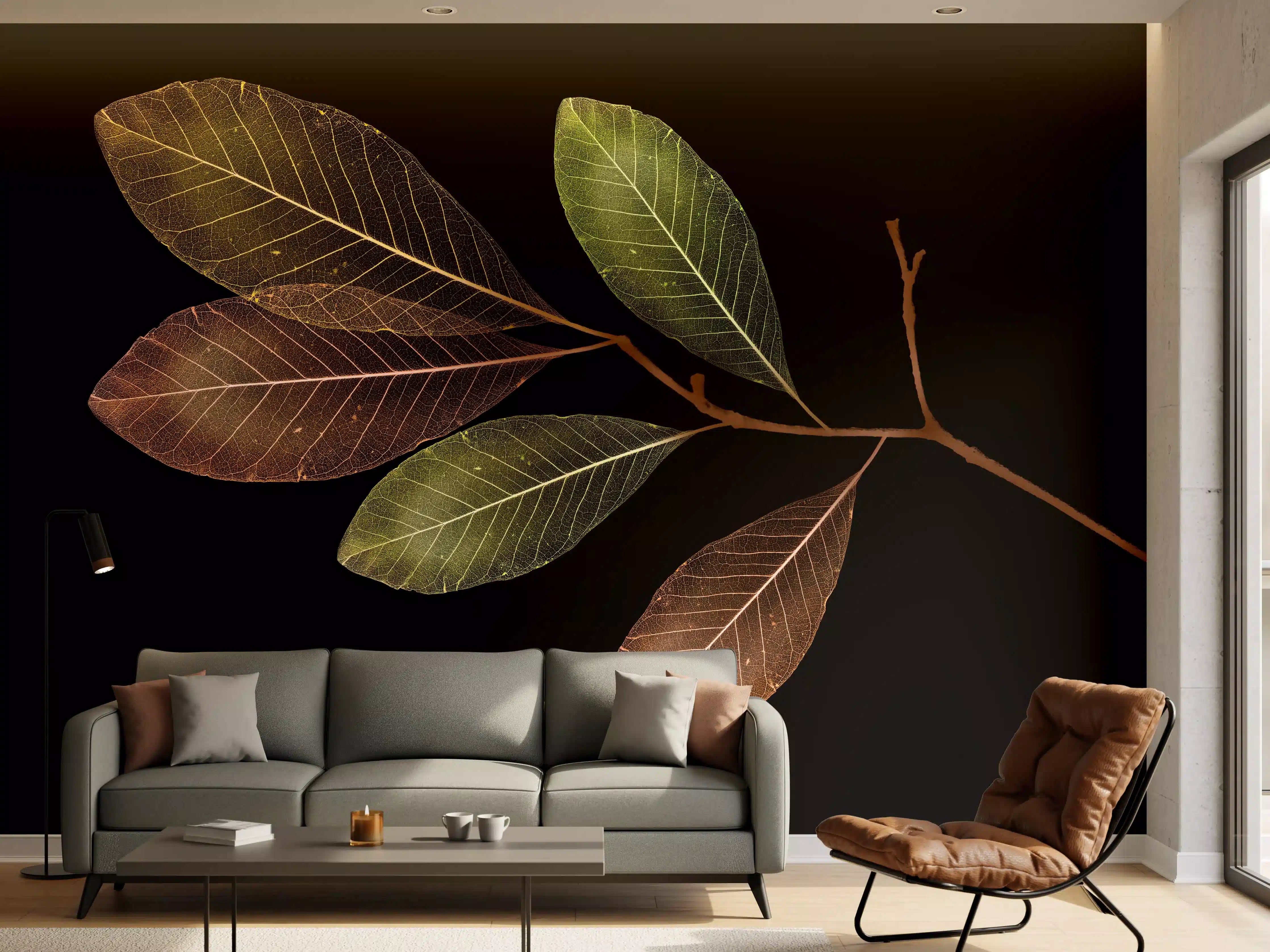 Wandverkleidung Wohnzimmer - Elegante Blattkomposition auf Schwarz
