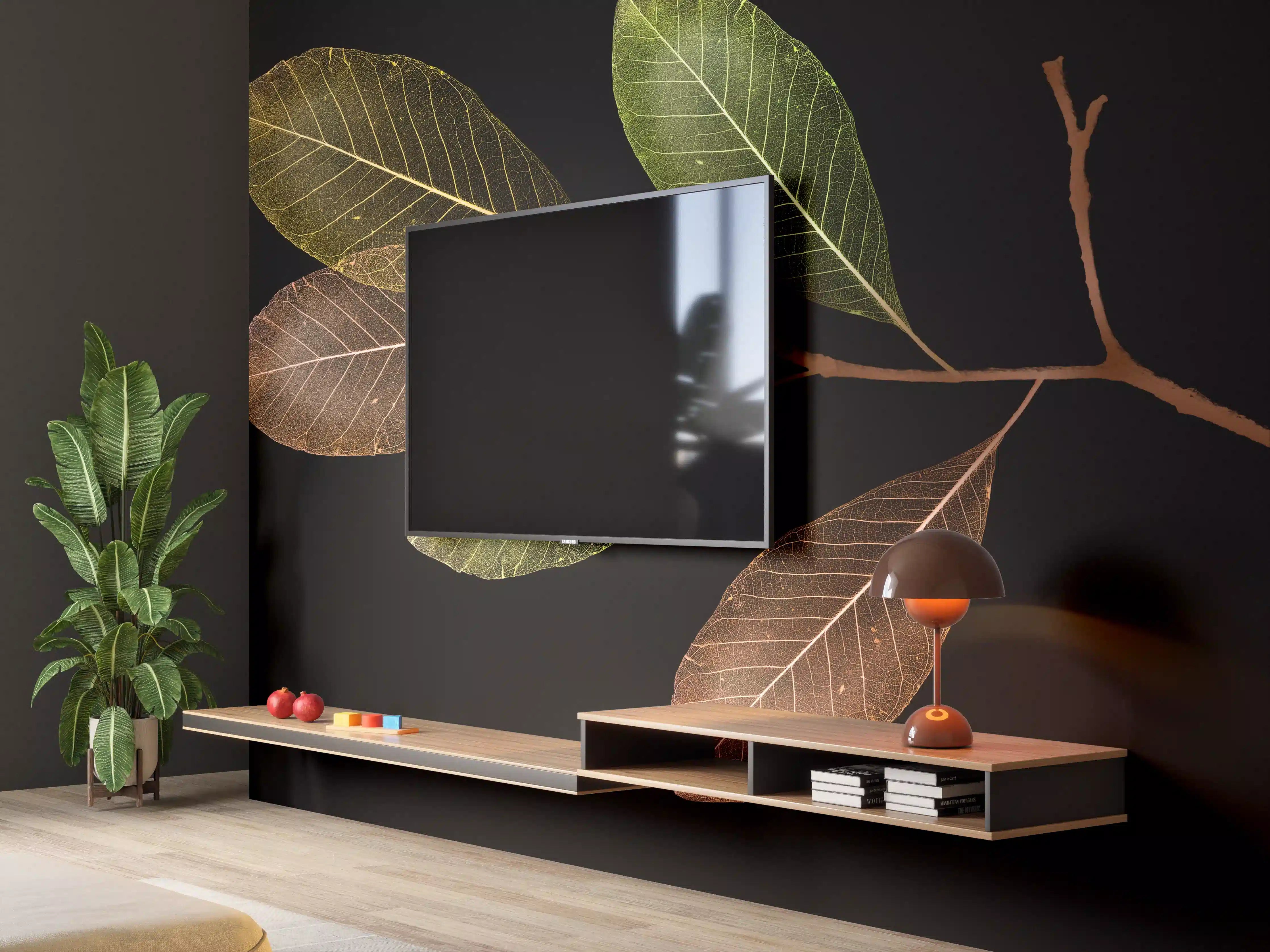 Wandverkleidung Wohnzimmer - Elegante Blattkomposition auf Schwarz