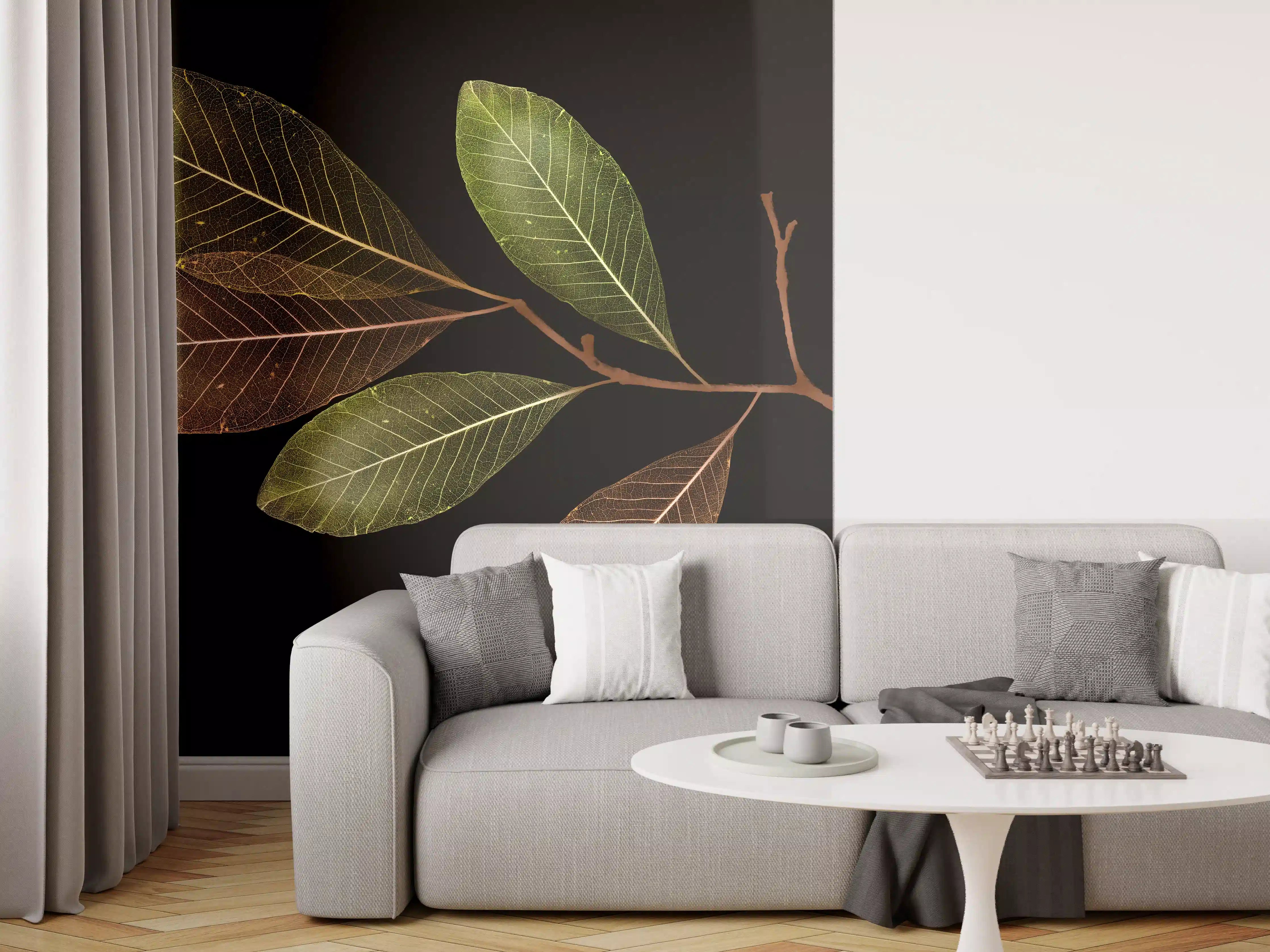 Wandverkleidung Wohnzimmer - Elegante Blattkomposition auf Schwarz