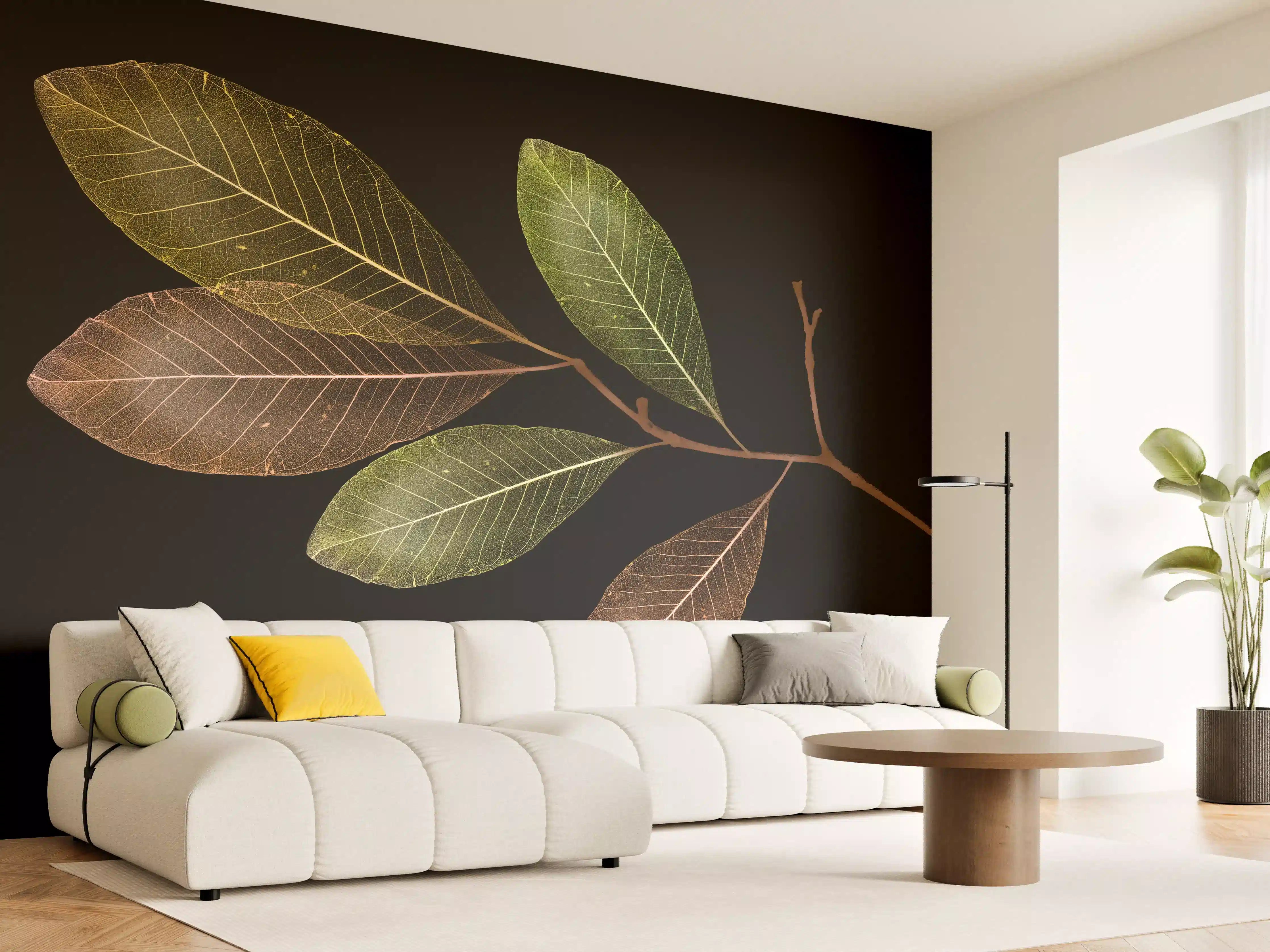 Wandverkleidung Wohnzimmer - Elegante Blattkomposition auf Schwarz